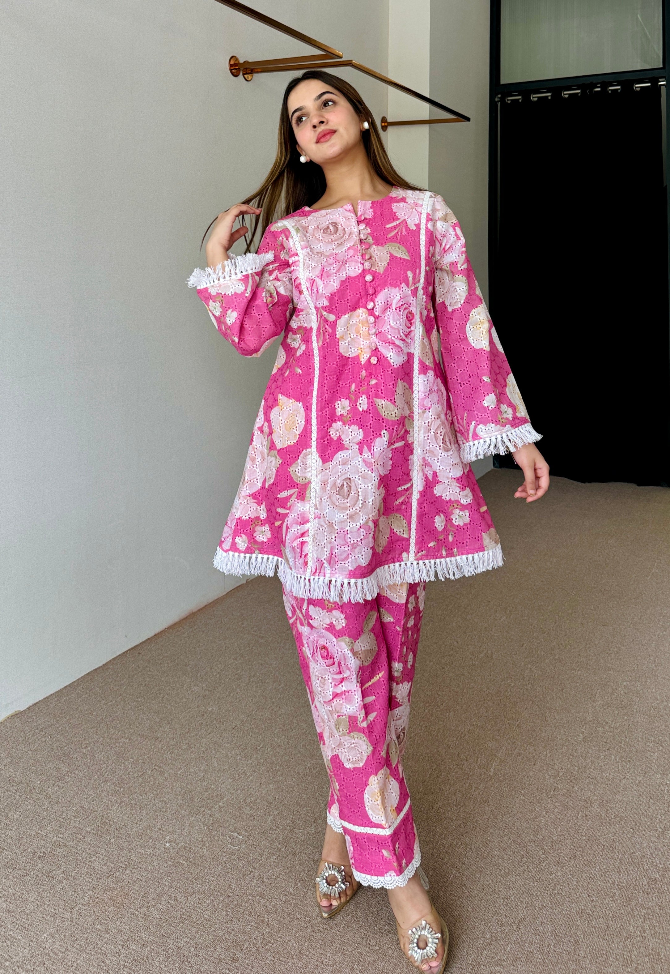 Pink Floral Schiffi Festive Kurta Set