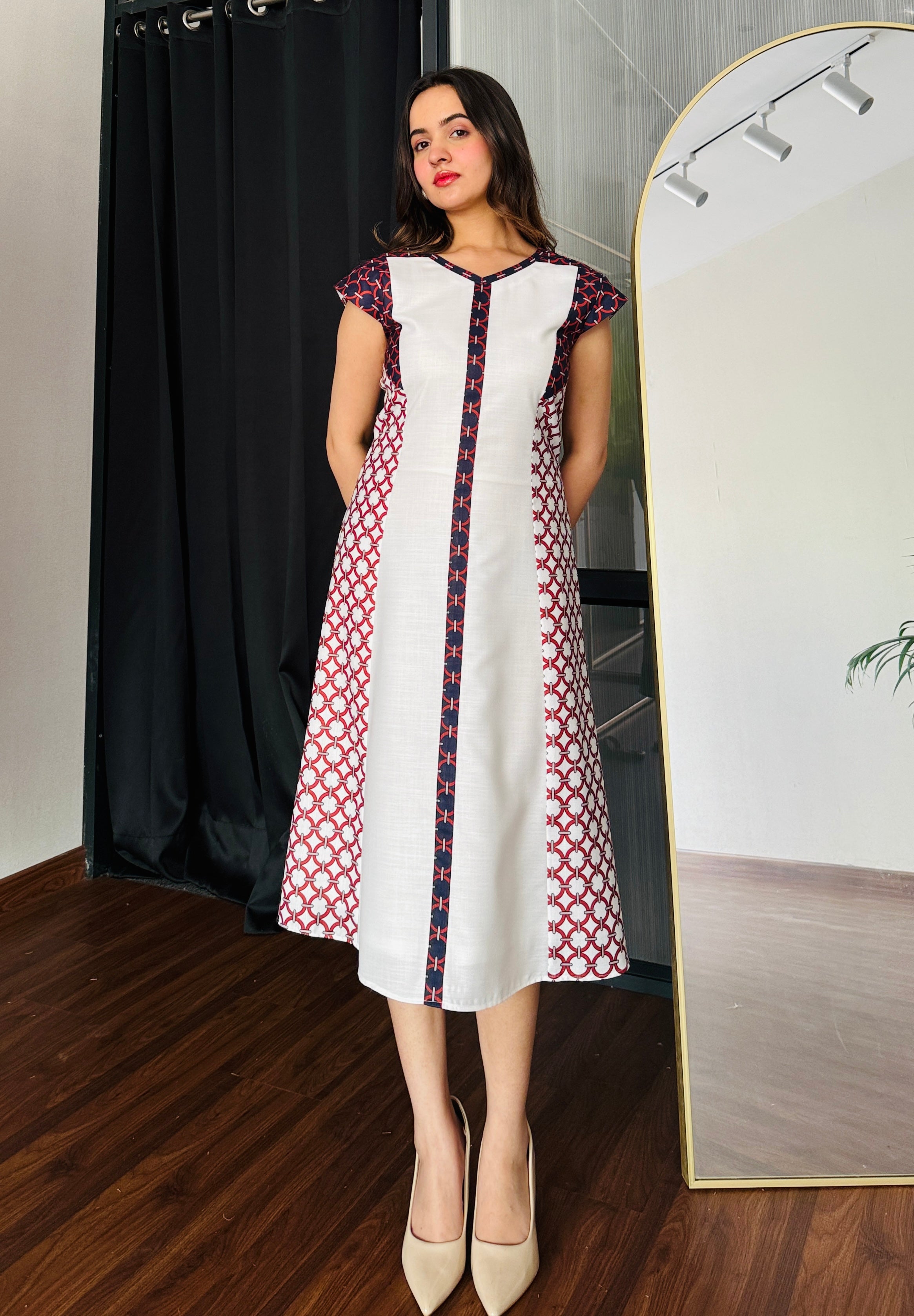 Ivory Grid Midi Dress