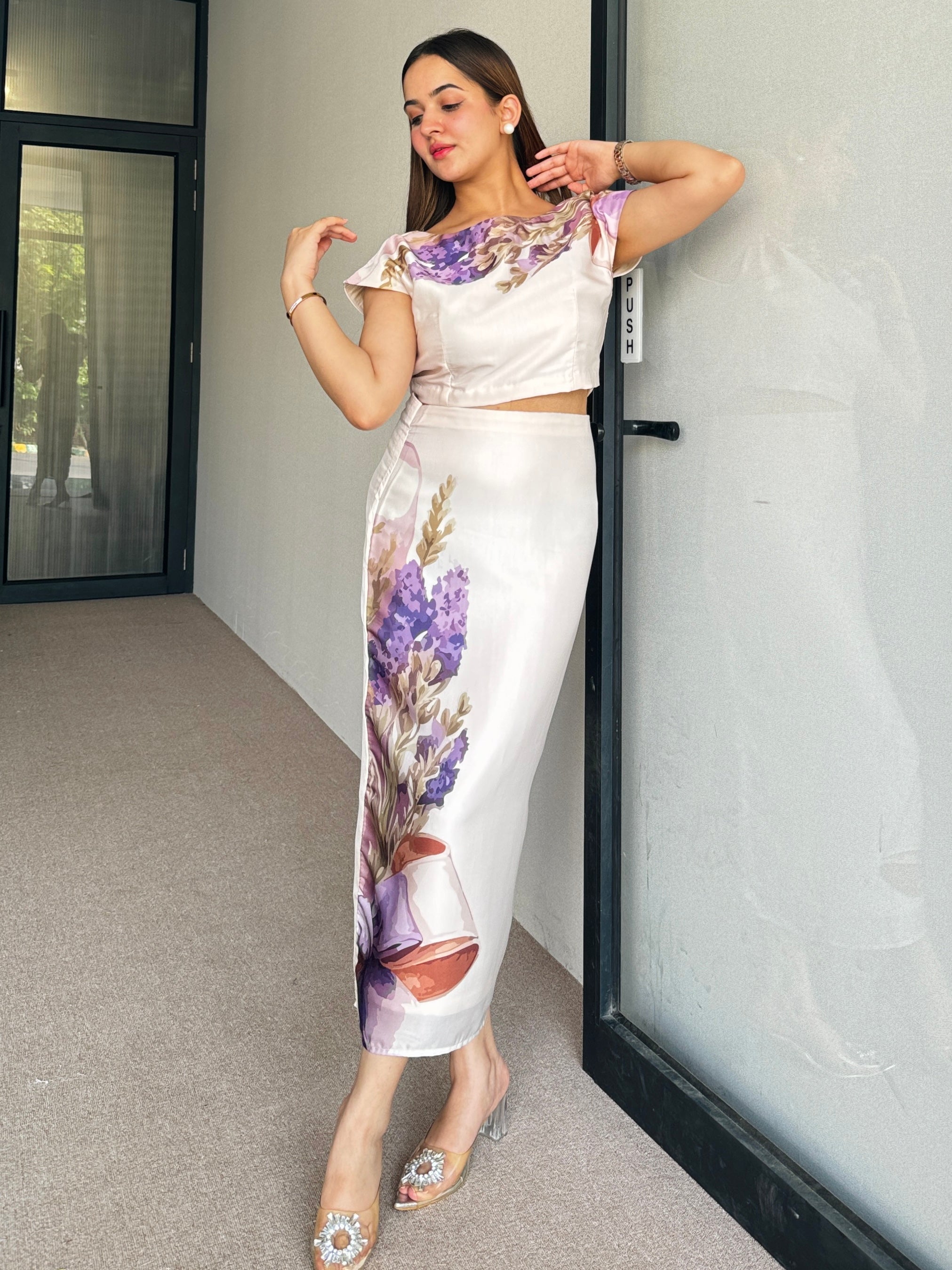 Eva Beige Satin Skirt Set