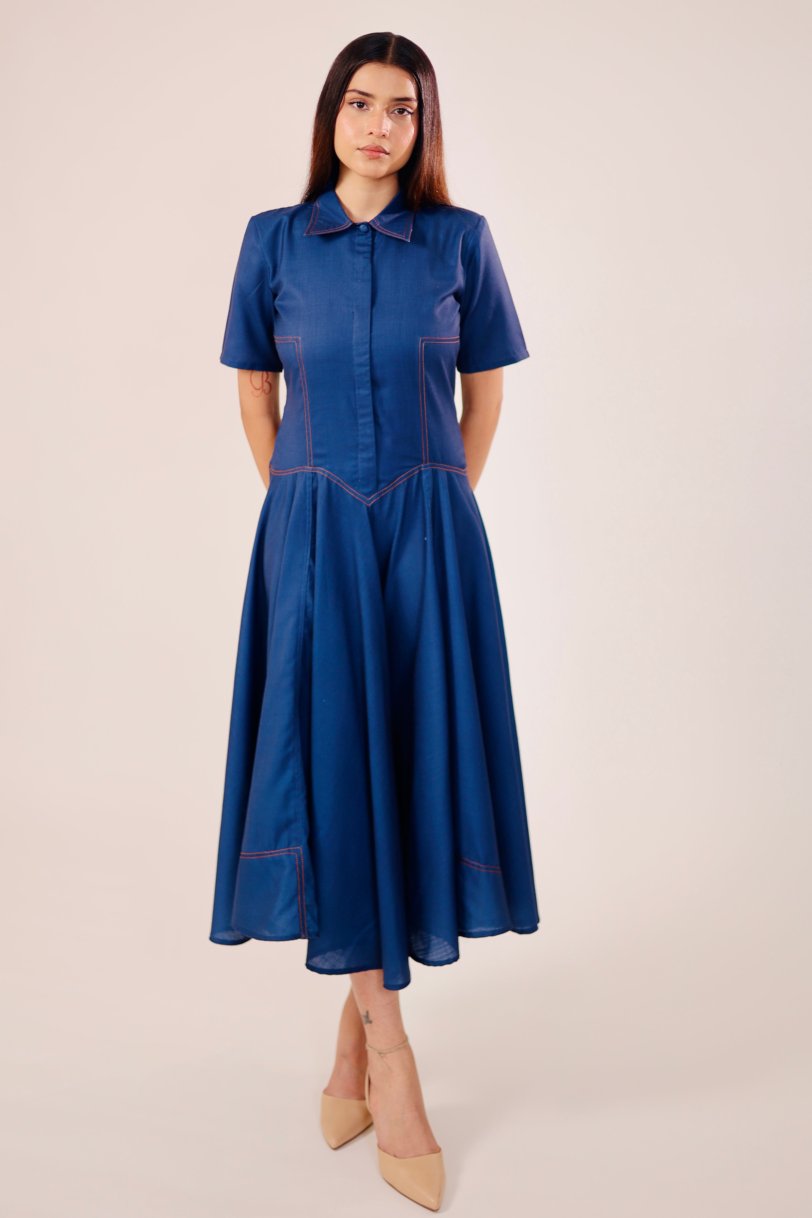 Blue Pleated Midi Dress