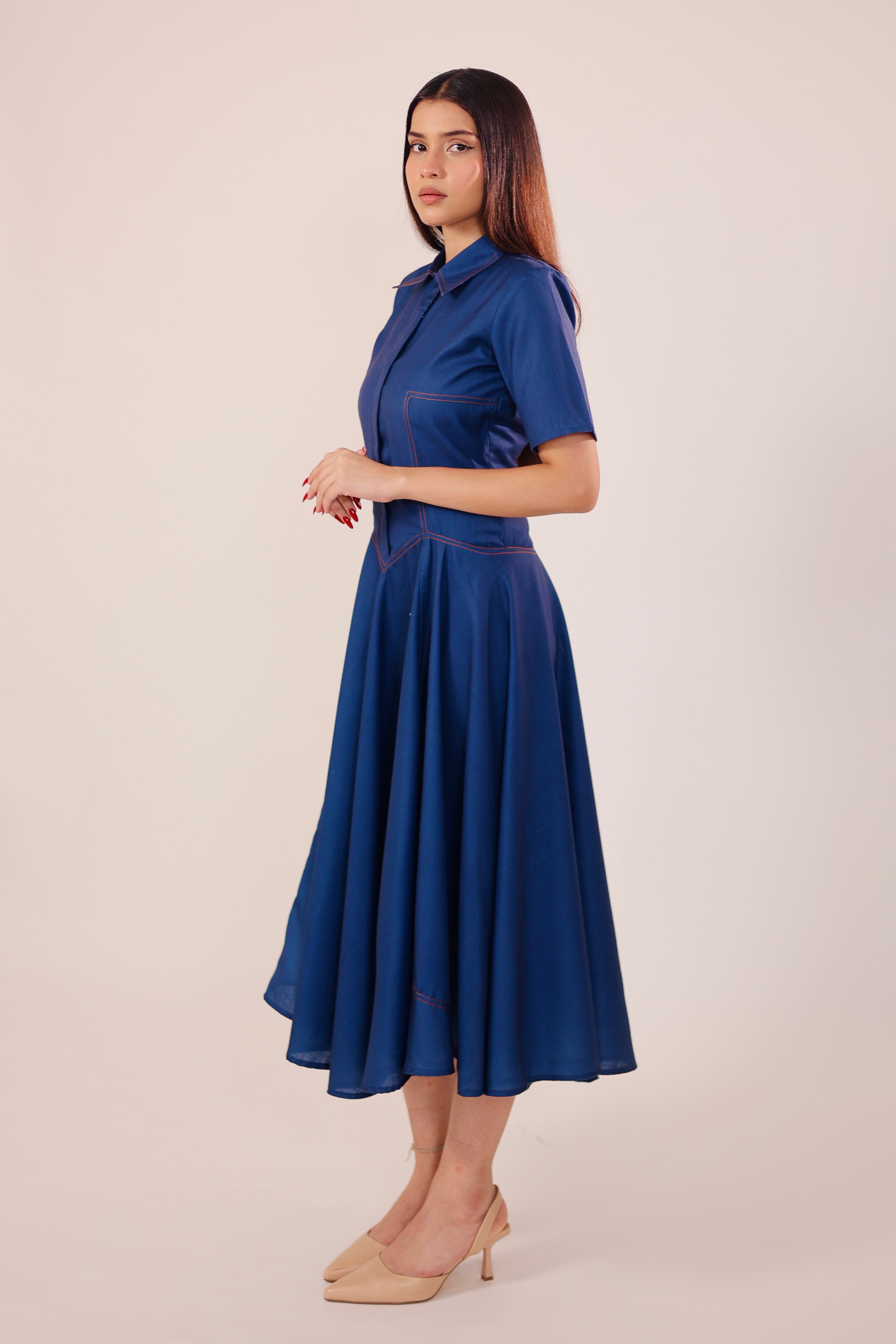 Blue Pleated Midi Dress