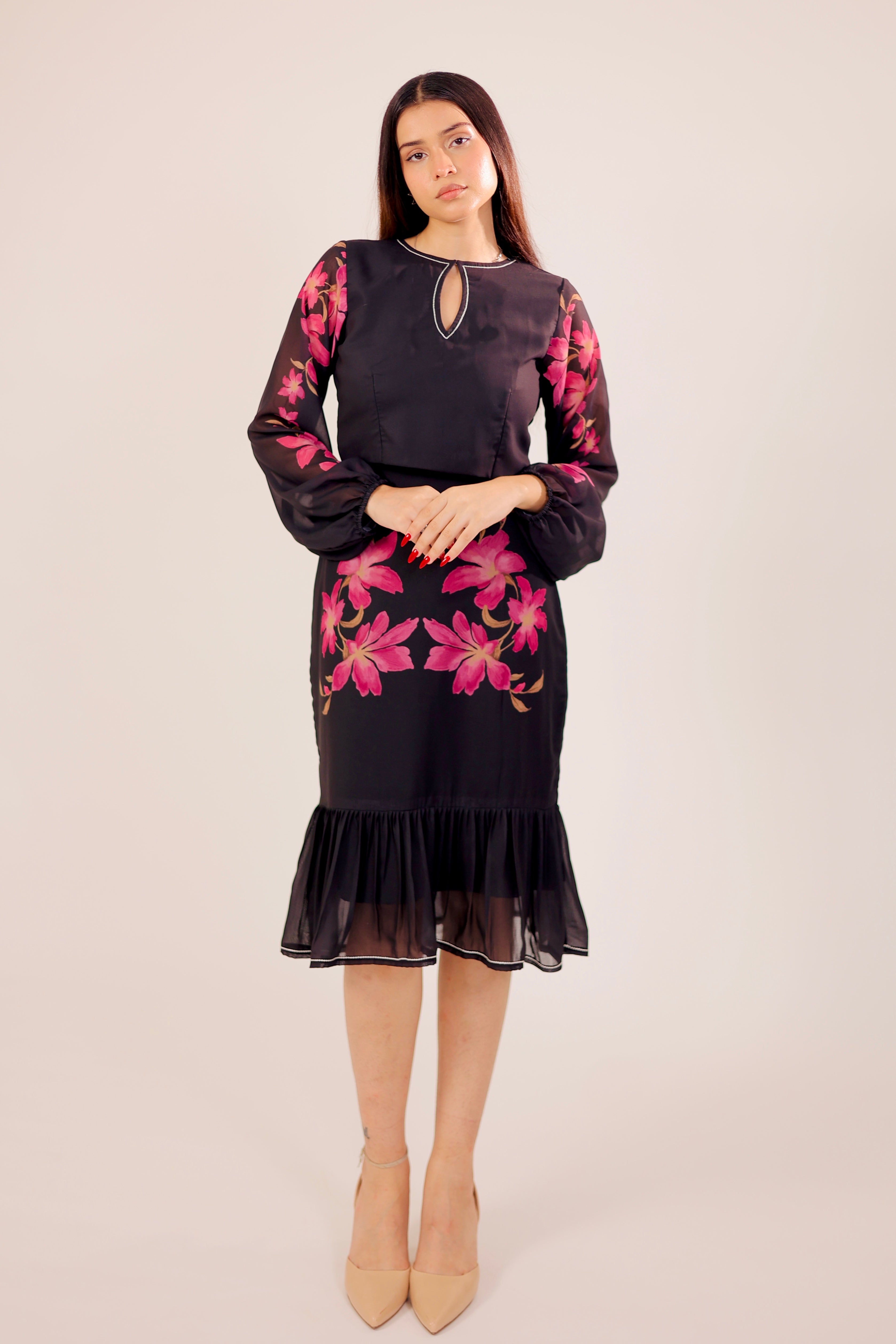 Black Floral Skirt Set