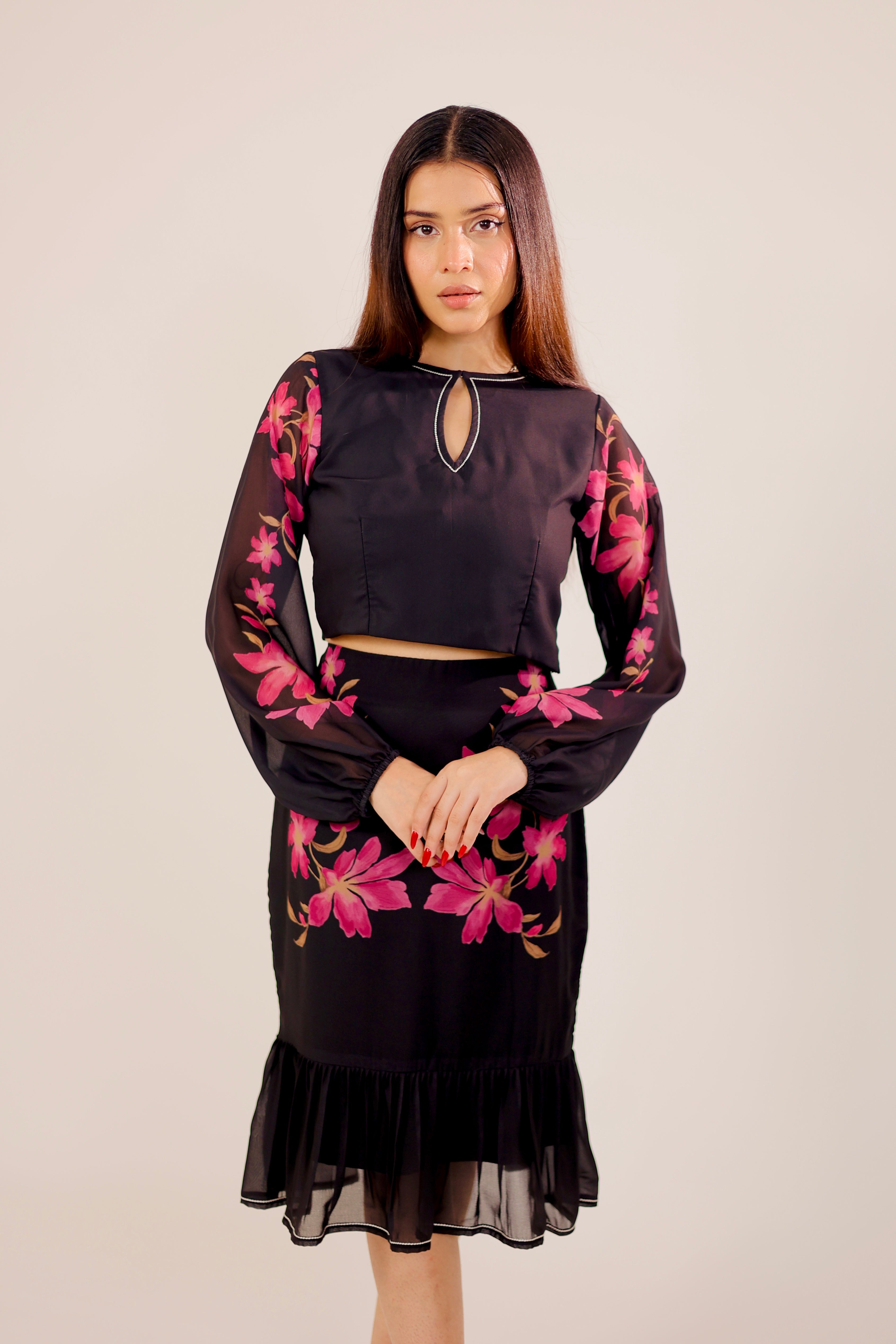 Black Floral Skirt Set