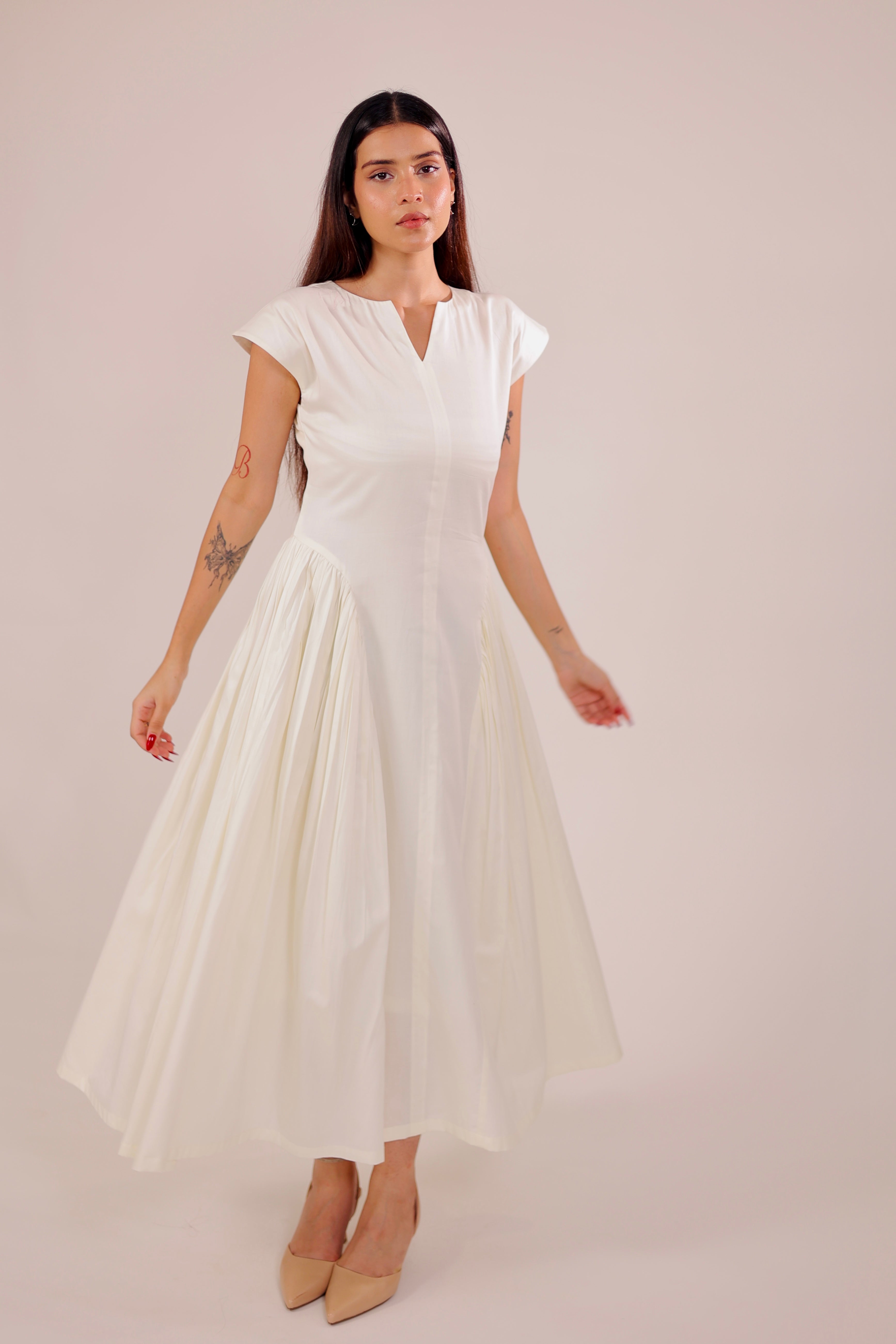 Ivory Pleated Midi Dress