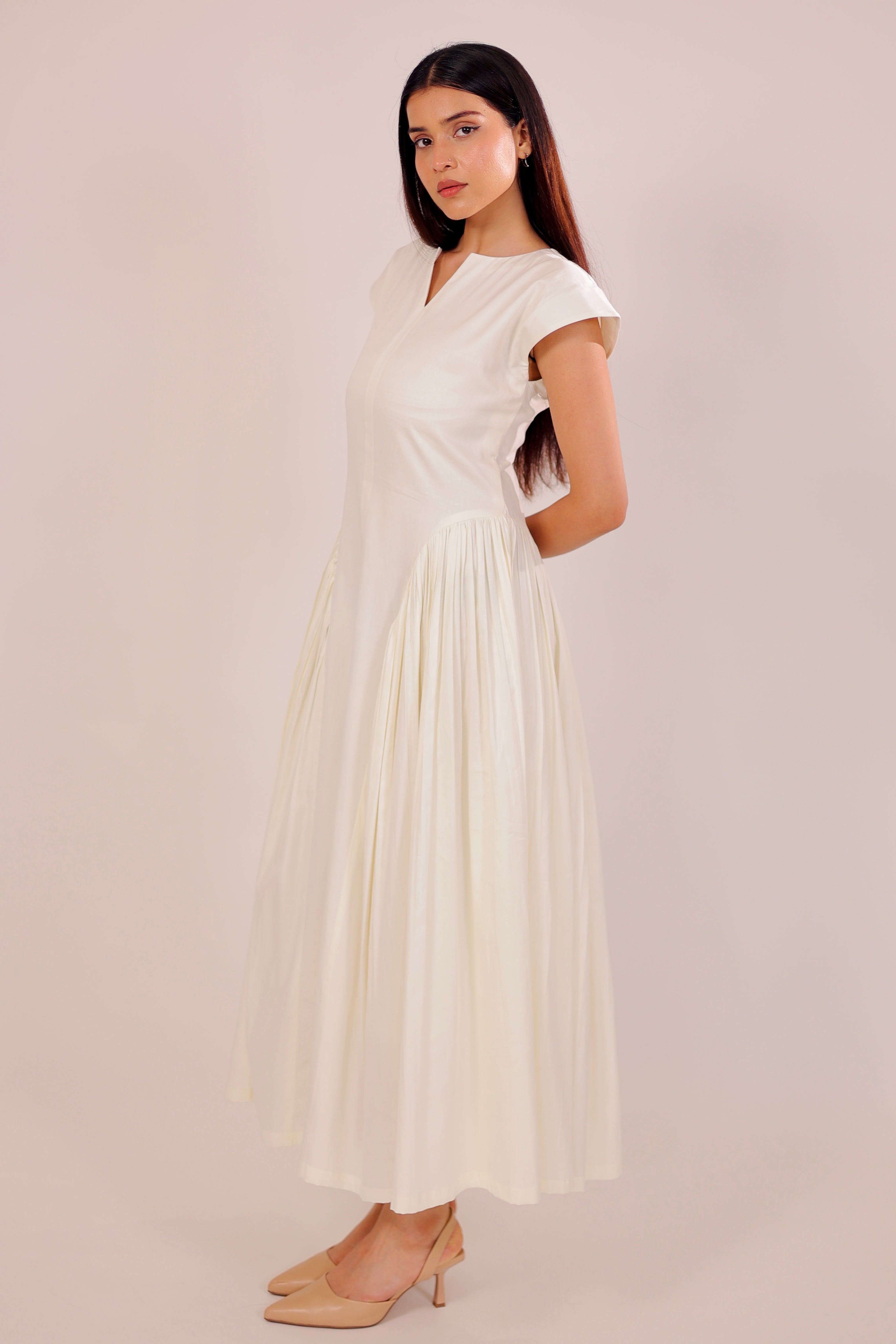 Ivory Pleated Midi Dress