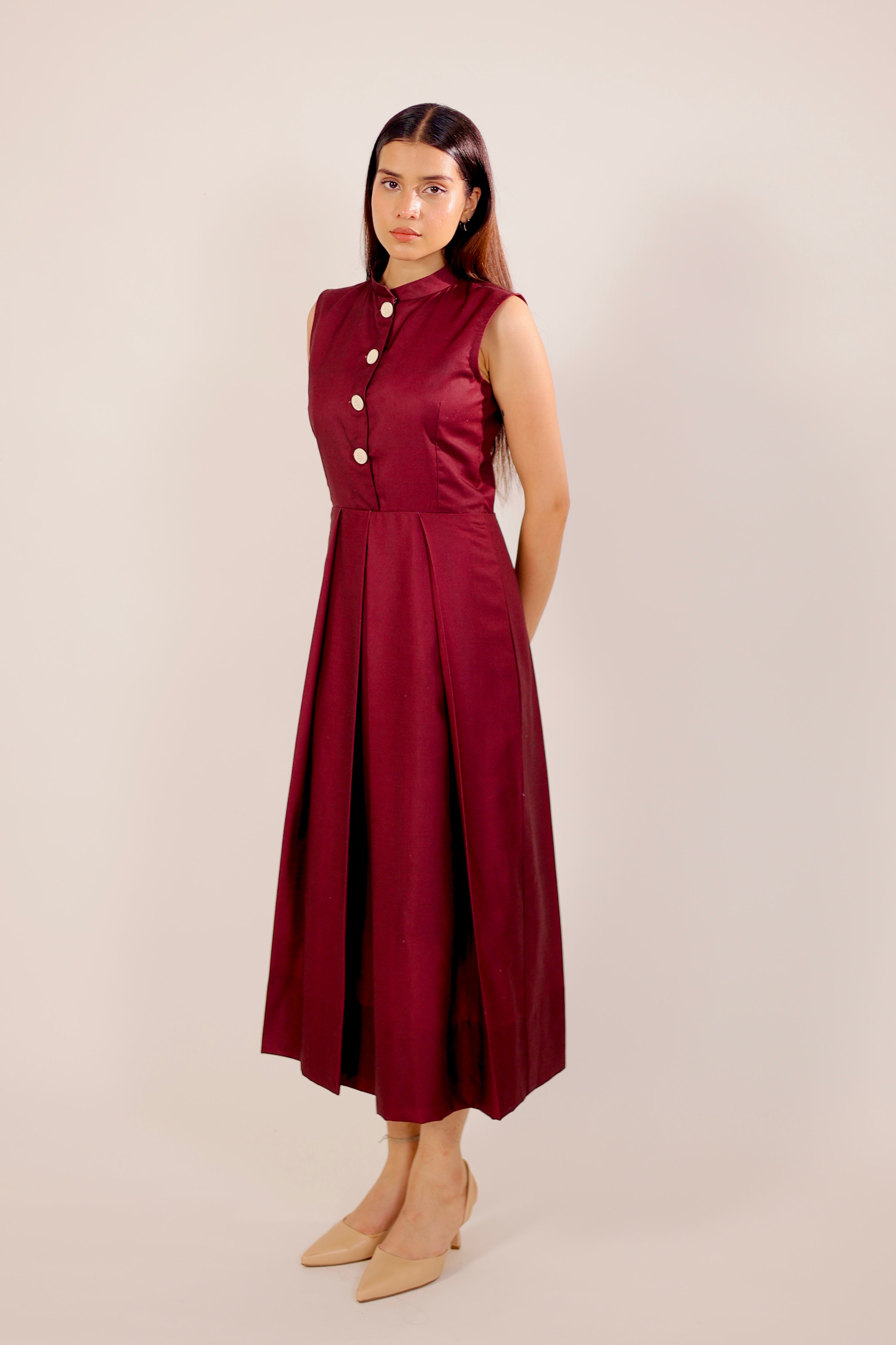 Scarlet Maroon Pleated Midi Dress