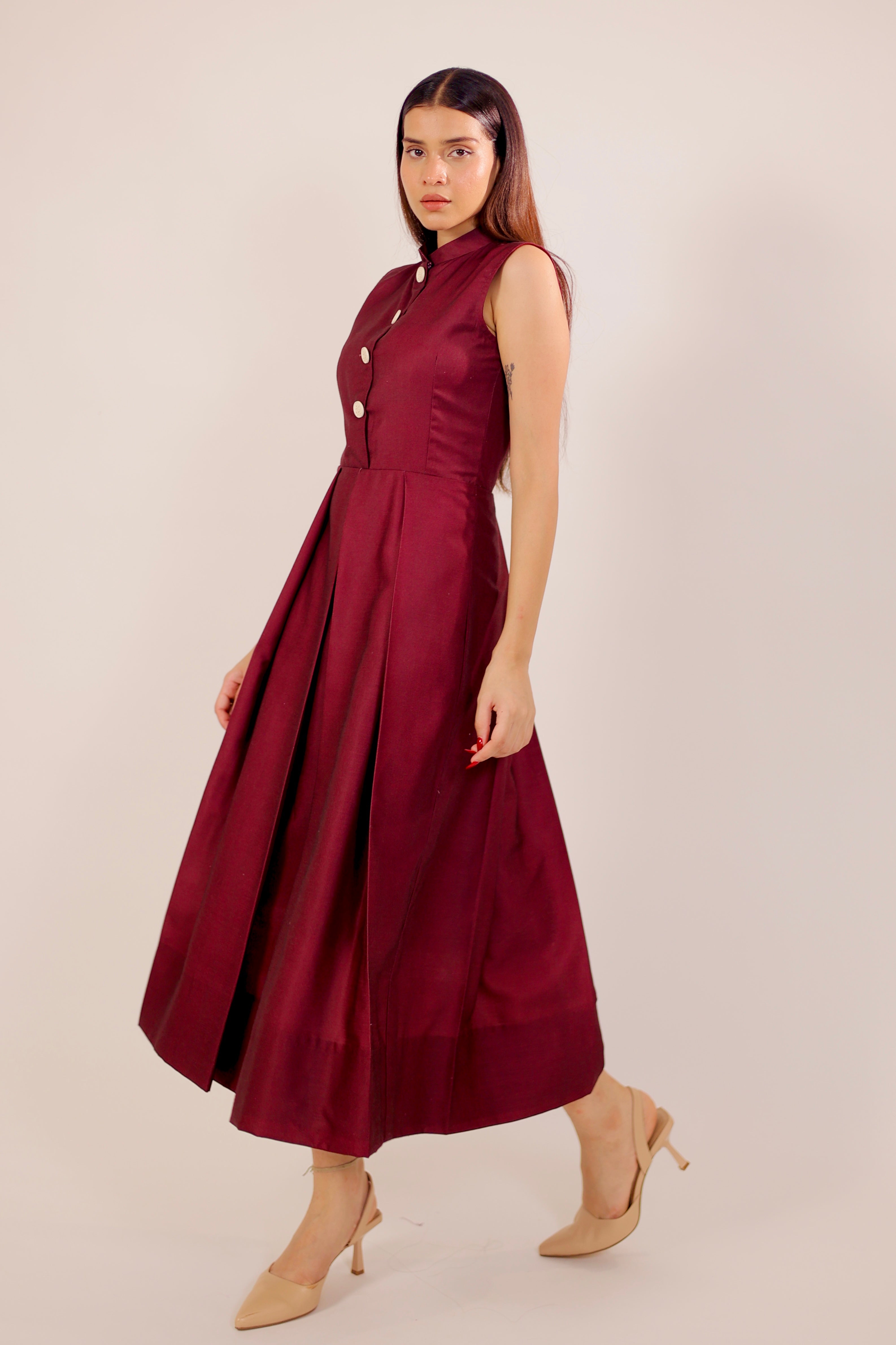 Scarlet Maroon Pleated Midi Dress