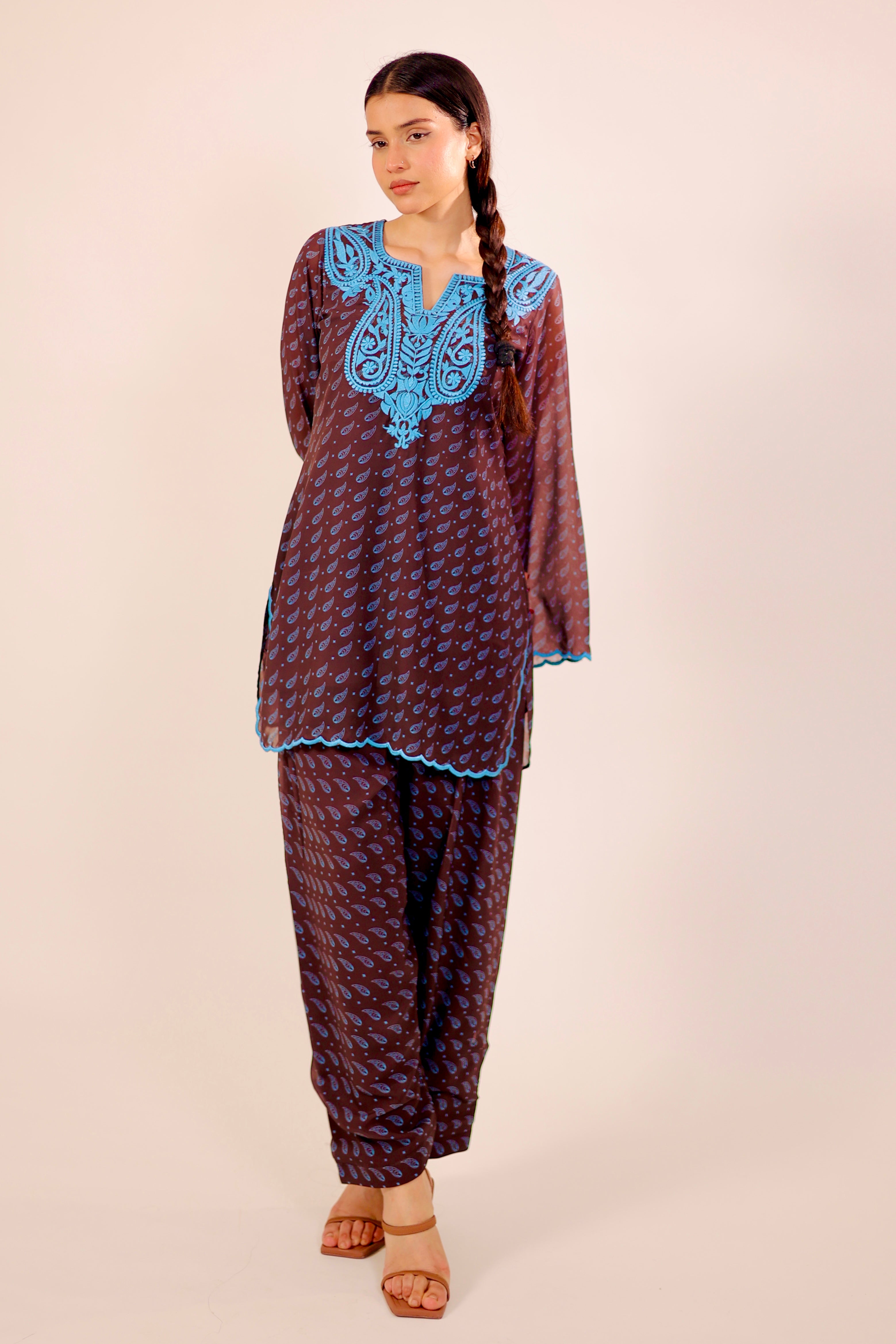 Brown Paisley Embroidered Kurta Set