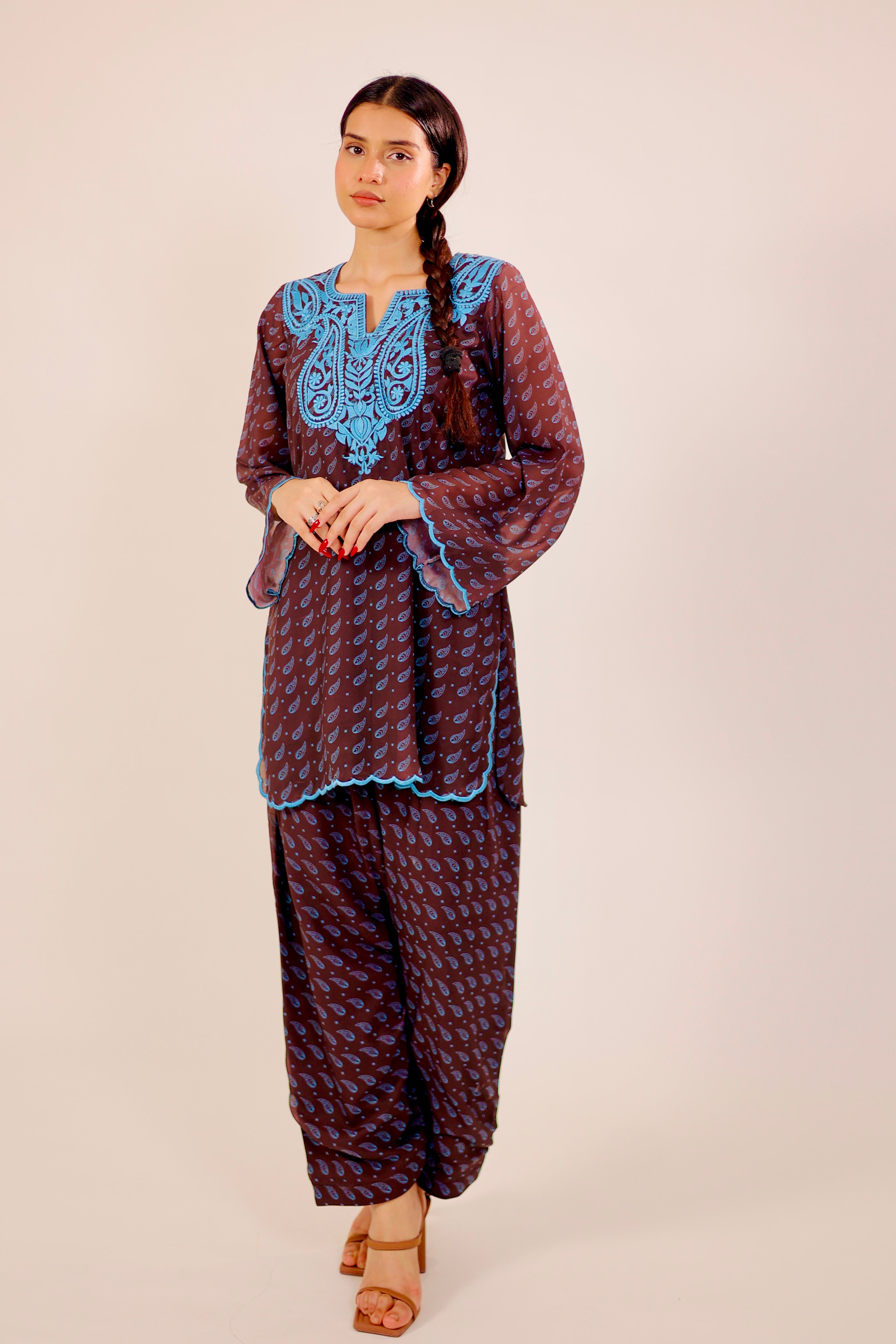 Brown Paisley Embroidered Kurta Set