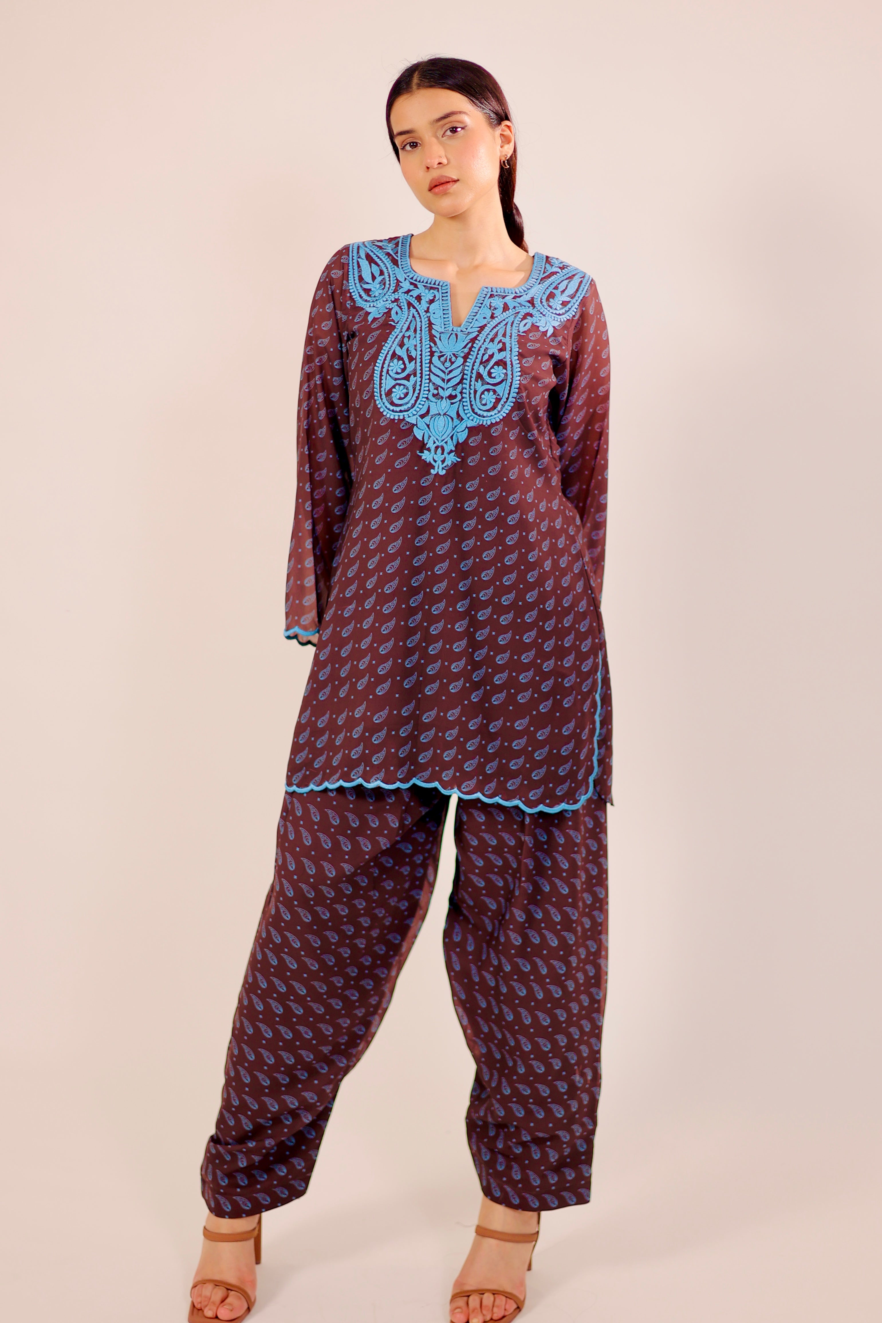 Brown Paisley Embroidered Kurta Set