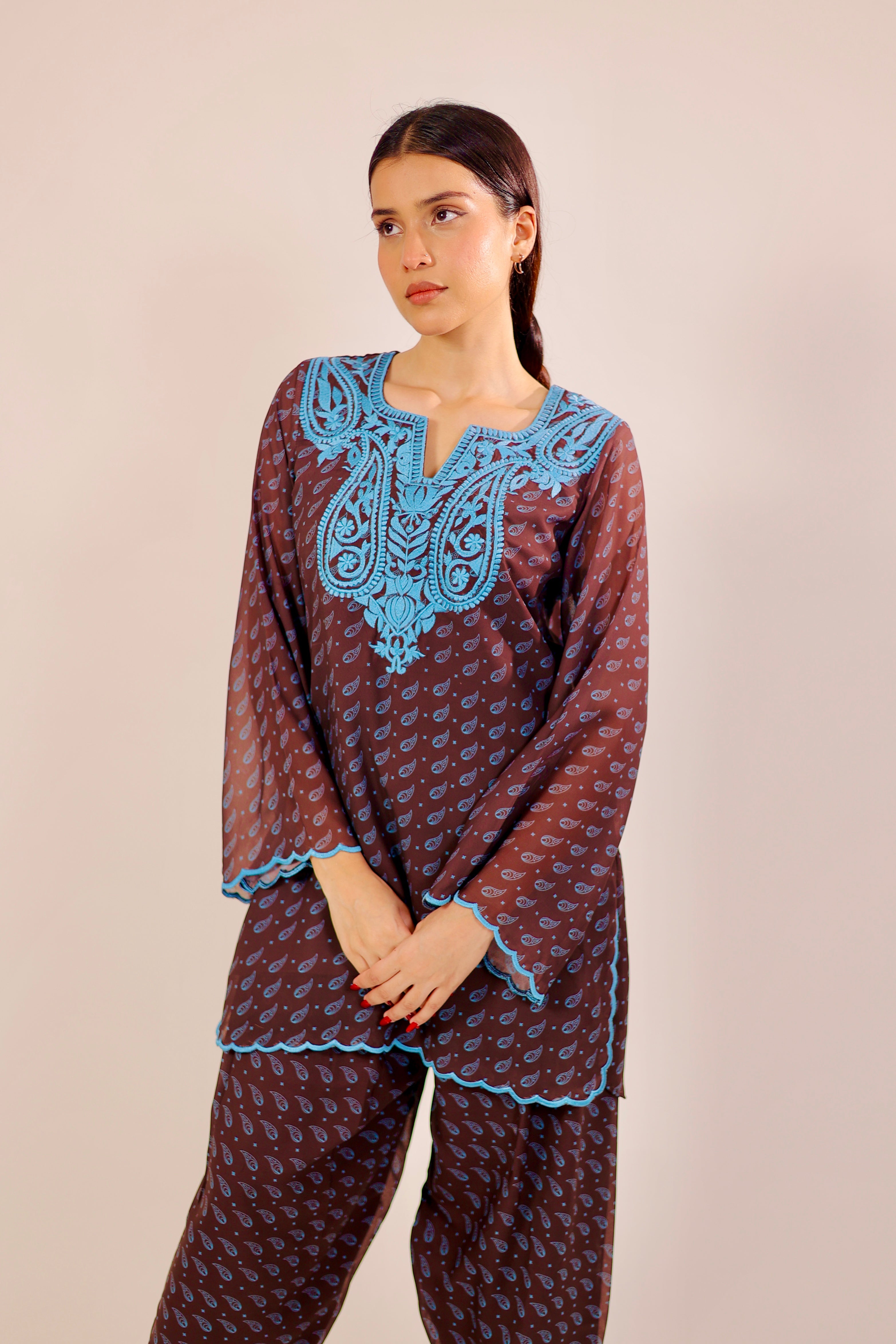Brown Paisley Embroidered Kurta Set