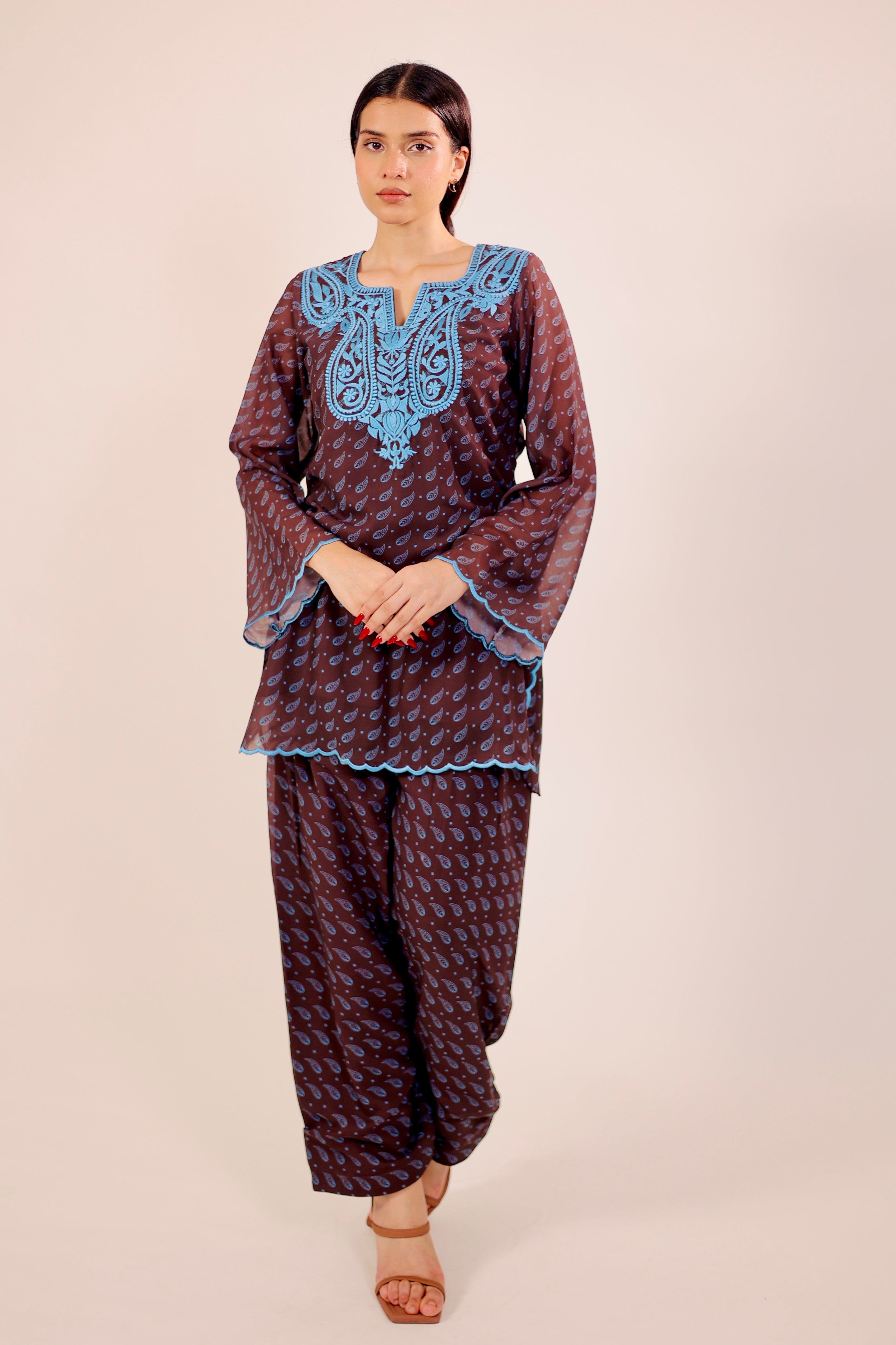 Brown Paisley Embroidered Kurta Set