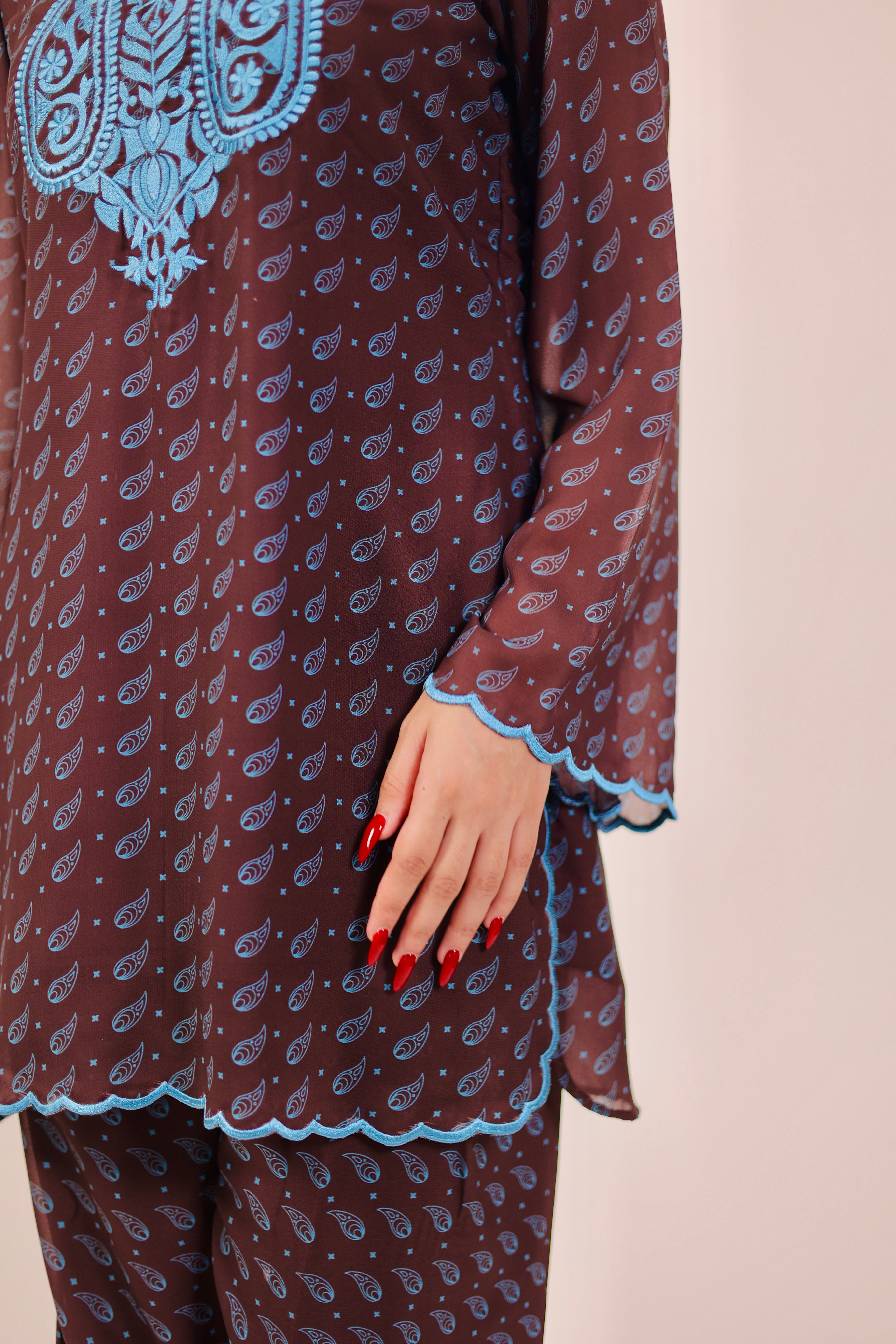 Brown Paisley Embroidered Kurta Set