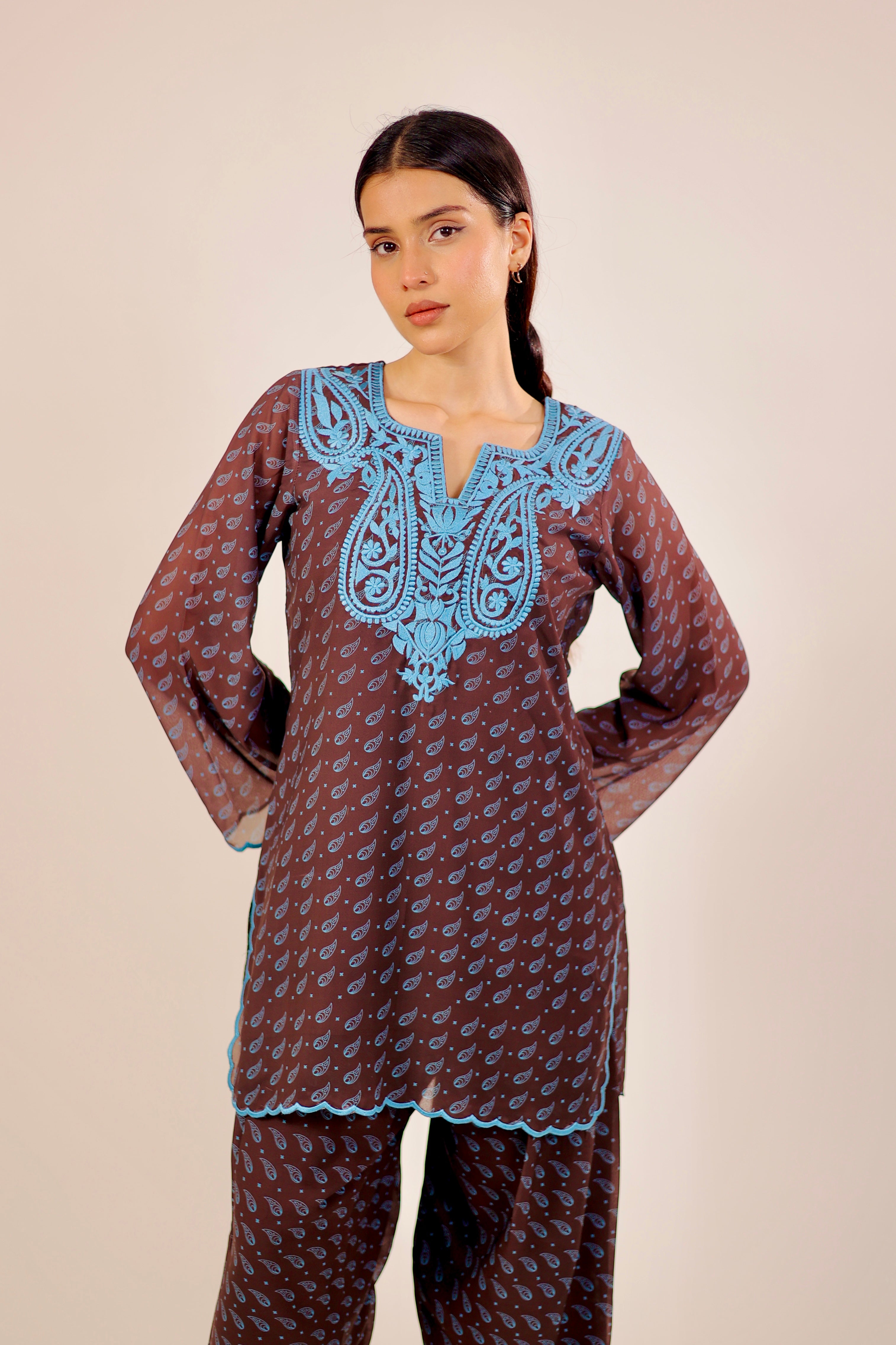 Brown Paisley Embroidered Kurta Set