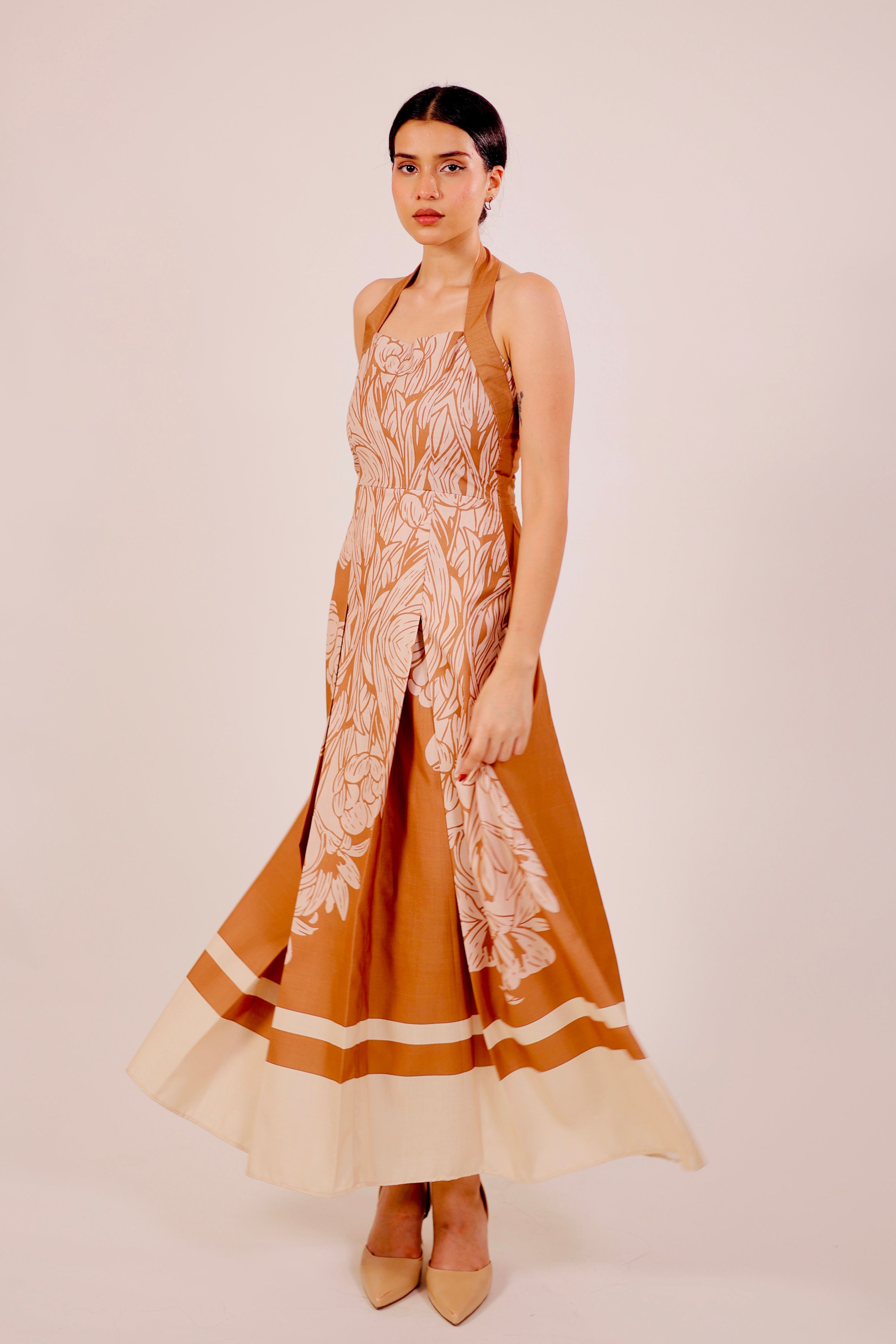 Caramel Pleated Midi Dress