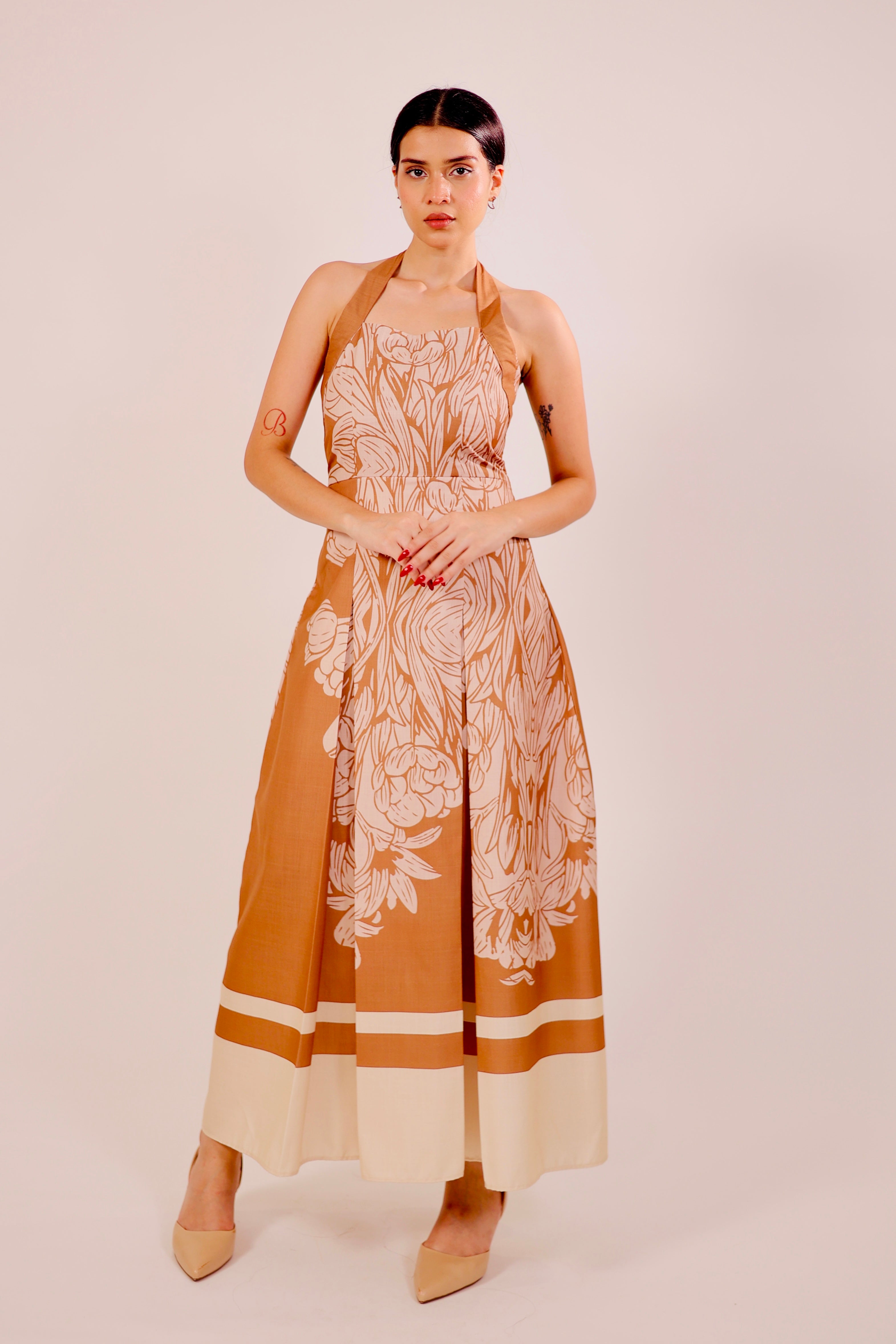 Caramel Pleated Midi Dress