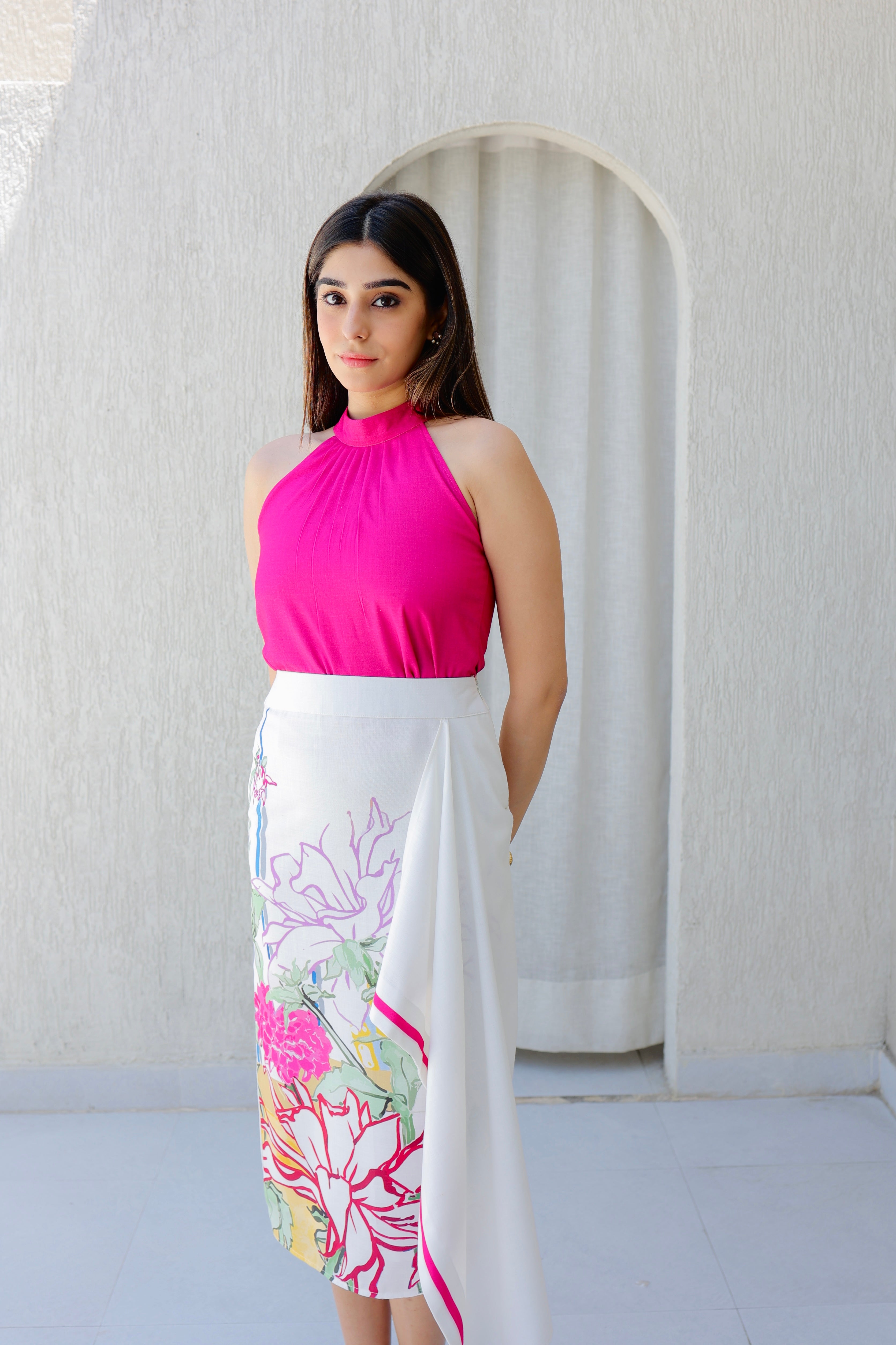 Fuchsia High-Neck Top & Floral Wrap Midi Set