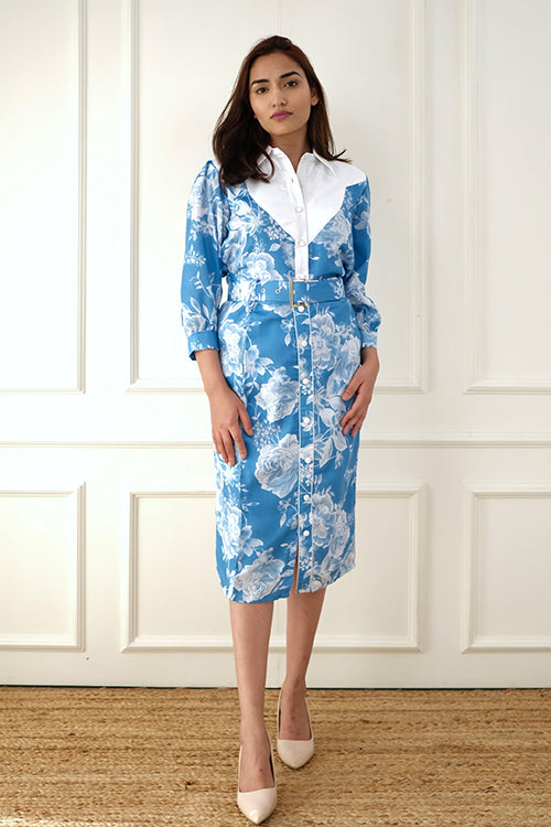 Blue White Formal Midi Dress
