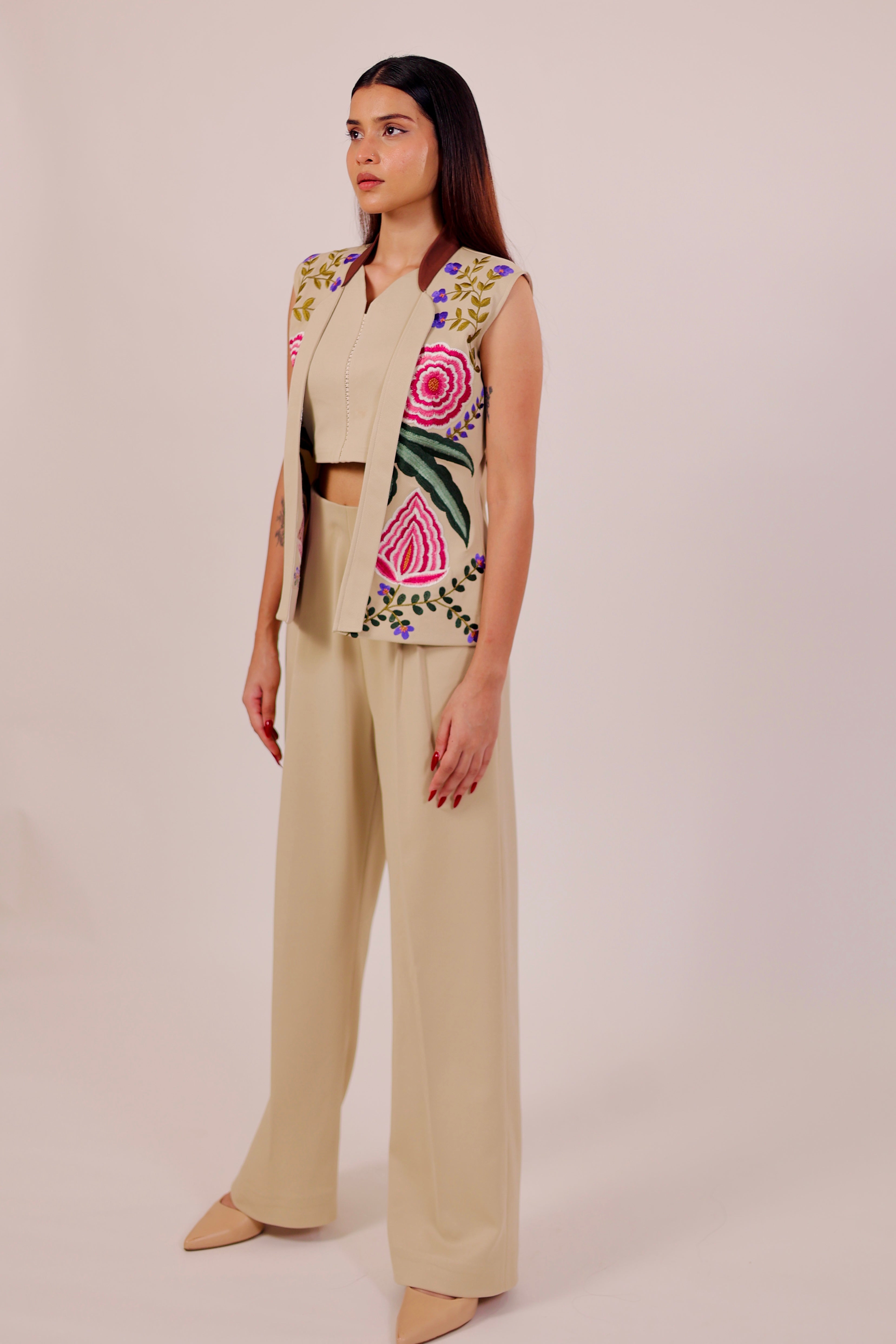 Beige Embroidered Blazer 3 Piece Set