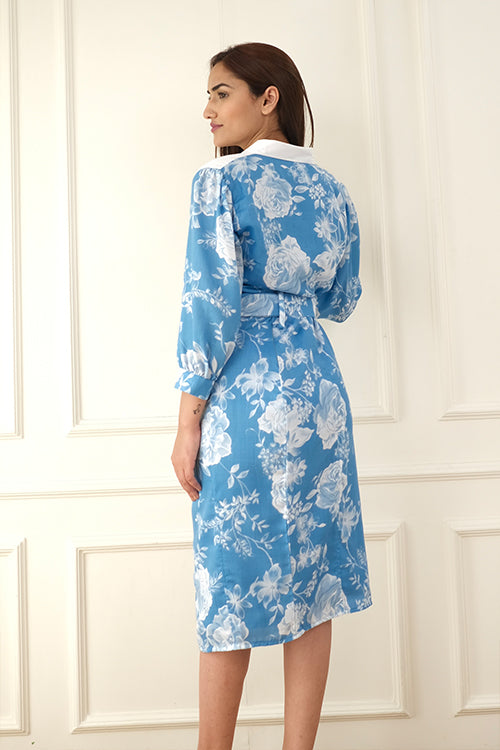 Blue White Formal Midi Dress