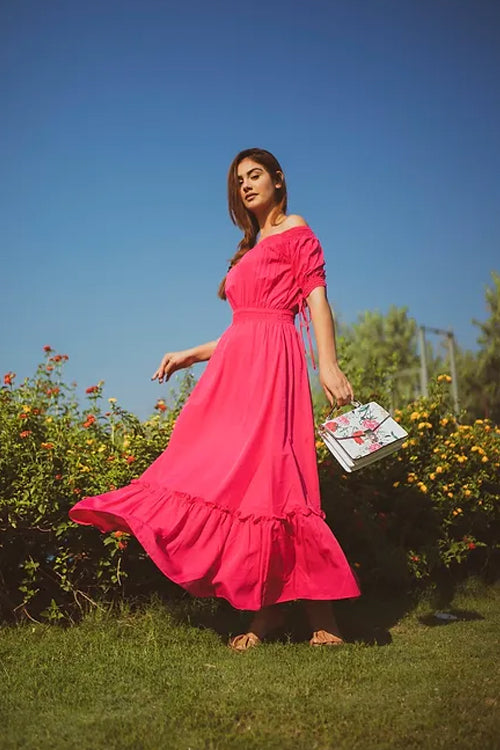 Fuchsia Off Shoulder Dess In Flow