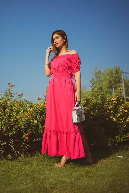 Fuchsia Off Shoulder Dess In Flow