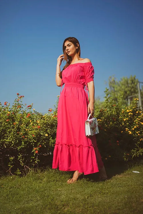 Fuchsia Off Shoulder Dess In Flow