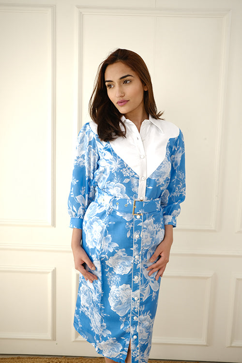 Blue White Formal Midi Dress