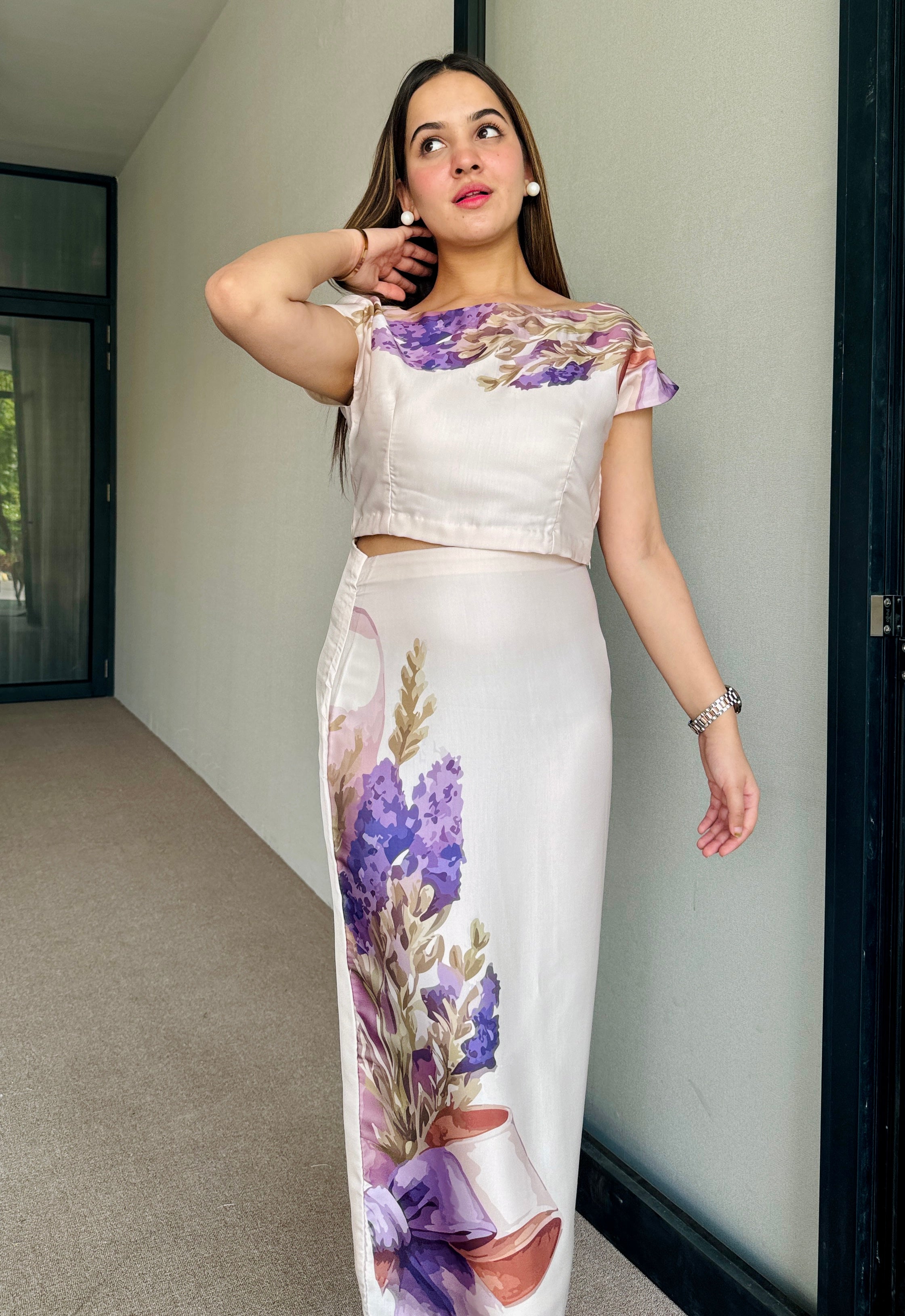 Eva Beige Satin Skirt Set