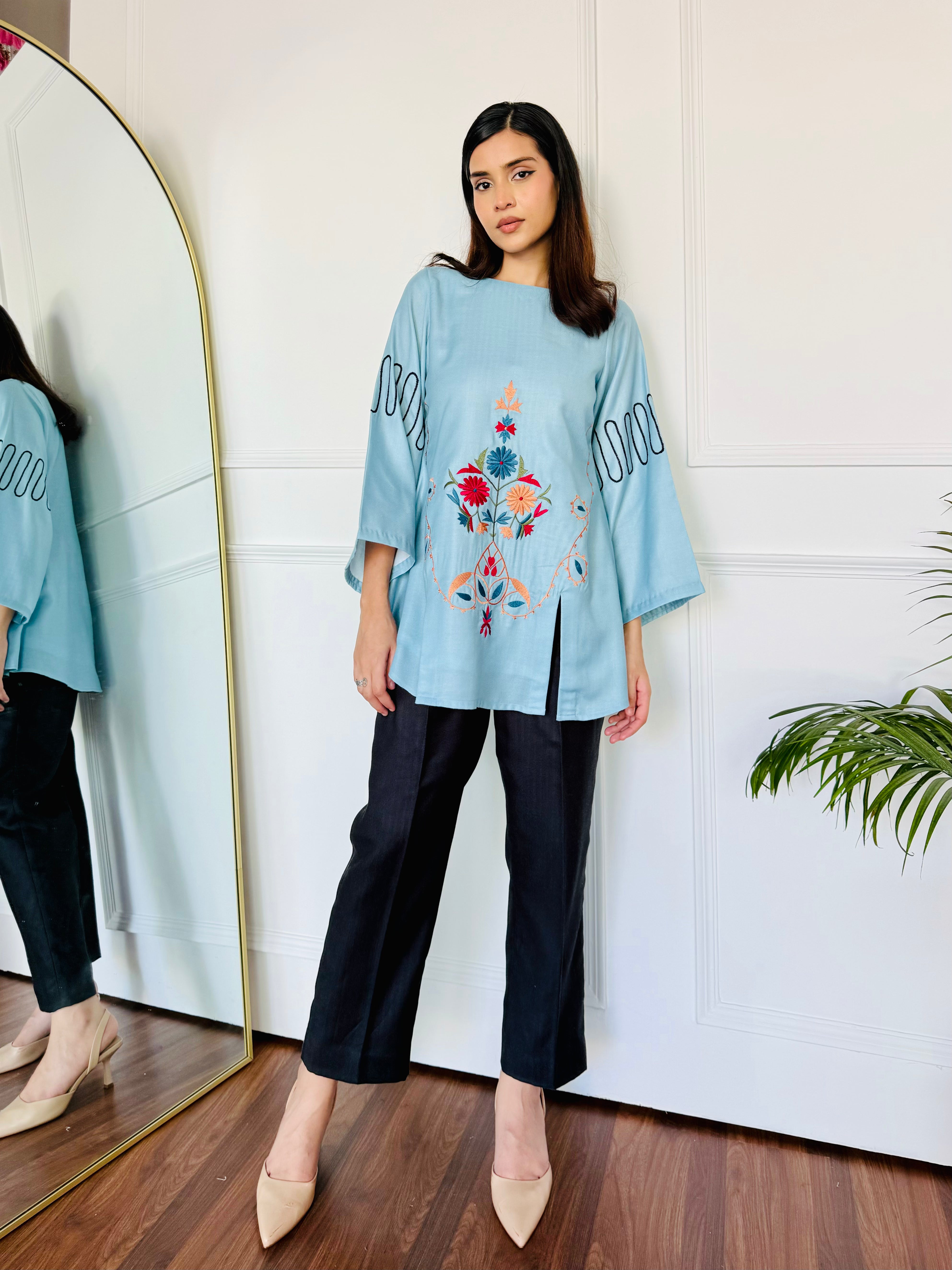 Blue & Black Embroidered Kurta Set