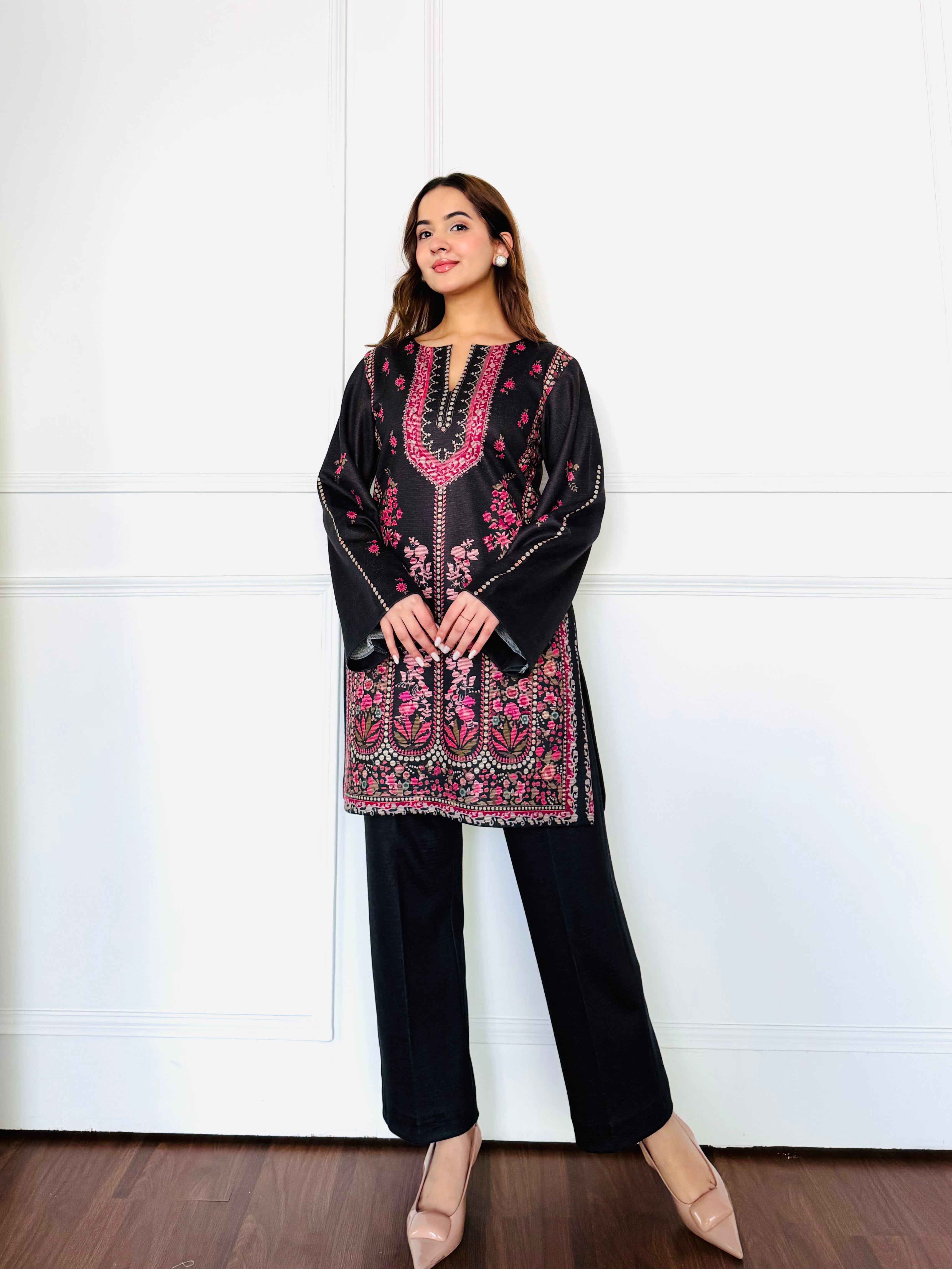 Black & Pink Woollen Kurta Set