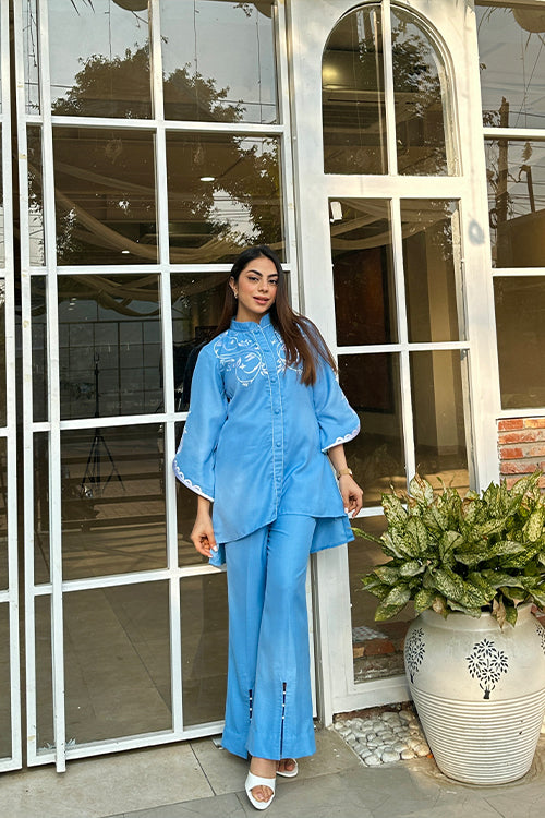 Denim Blue Embroidered Winter Fusion Set