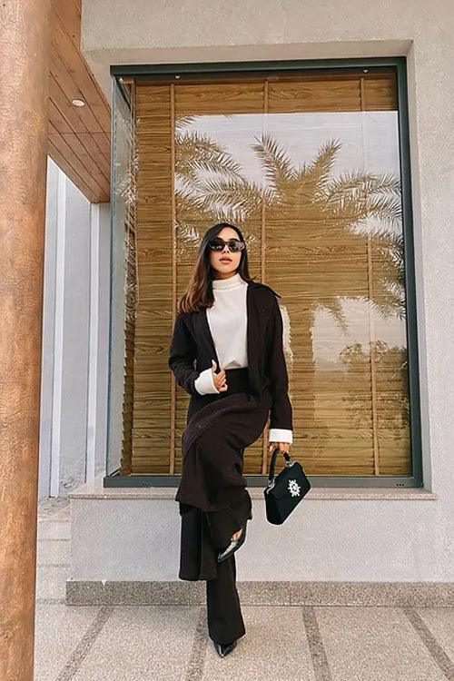 Brown Woollen 3 Piece Co-ord set with Overlay