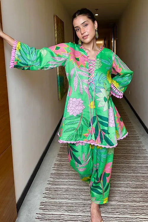 Feriha Green Floral Pakistani Kurta Set