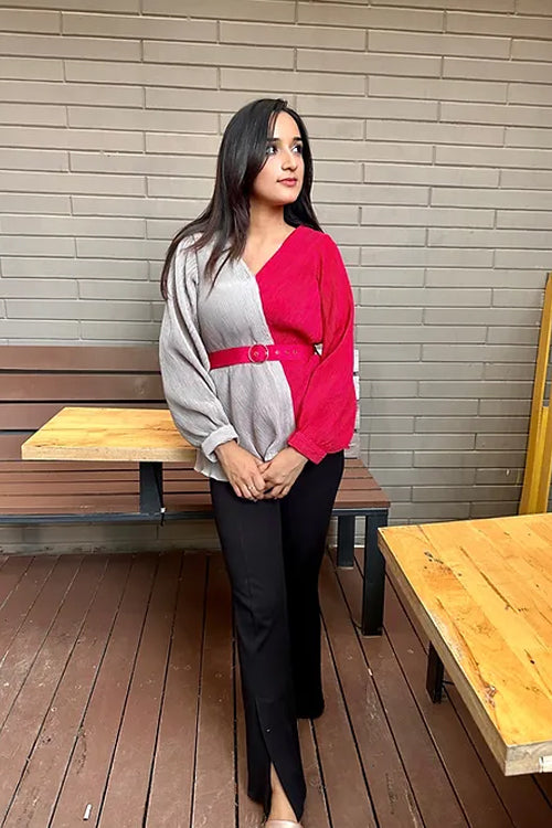 Two Tone Pleated Top With Belt