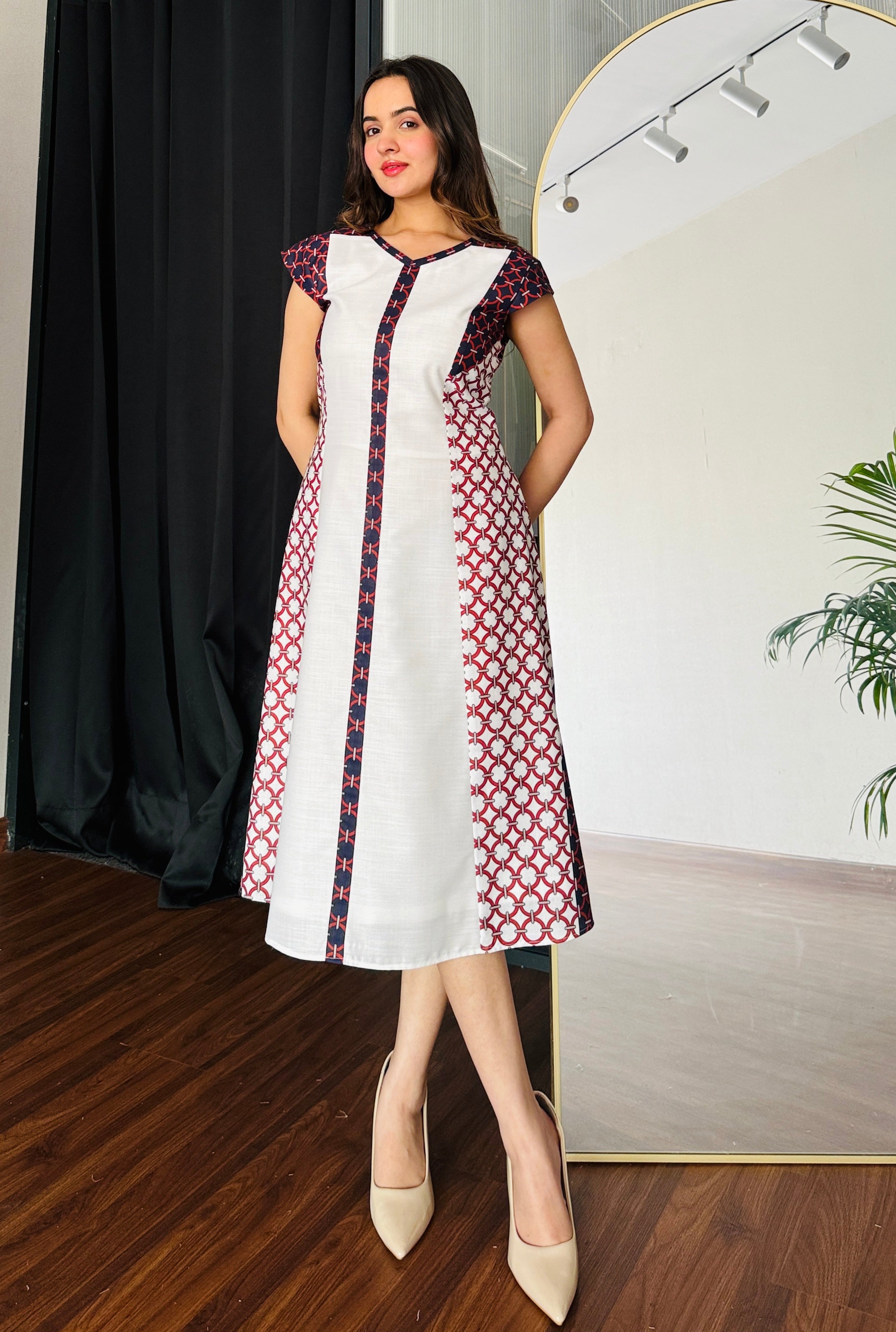 Ivory Grid Midi Dress