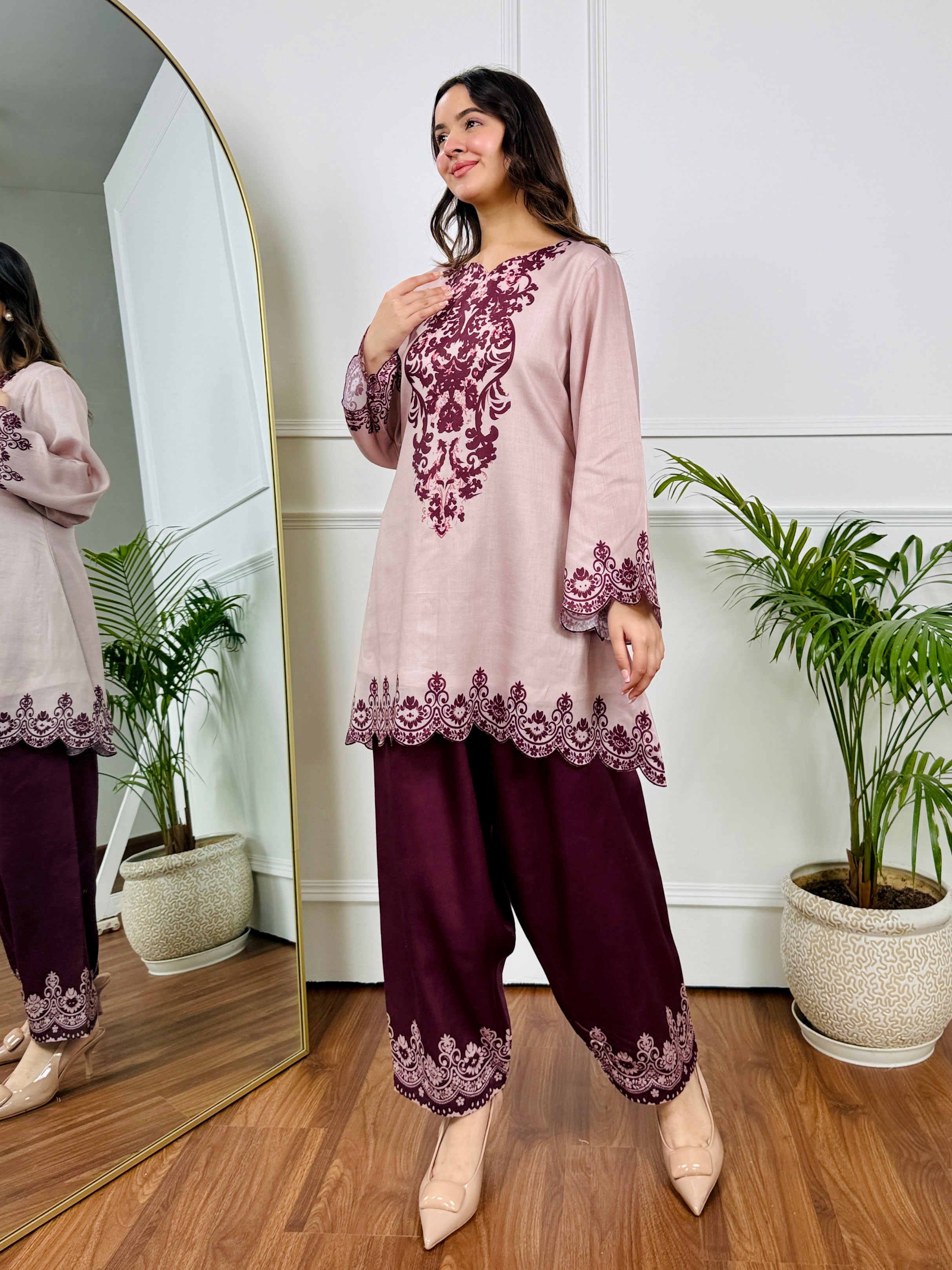 Beige Maroon Embroidered Kurta Set