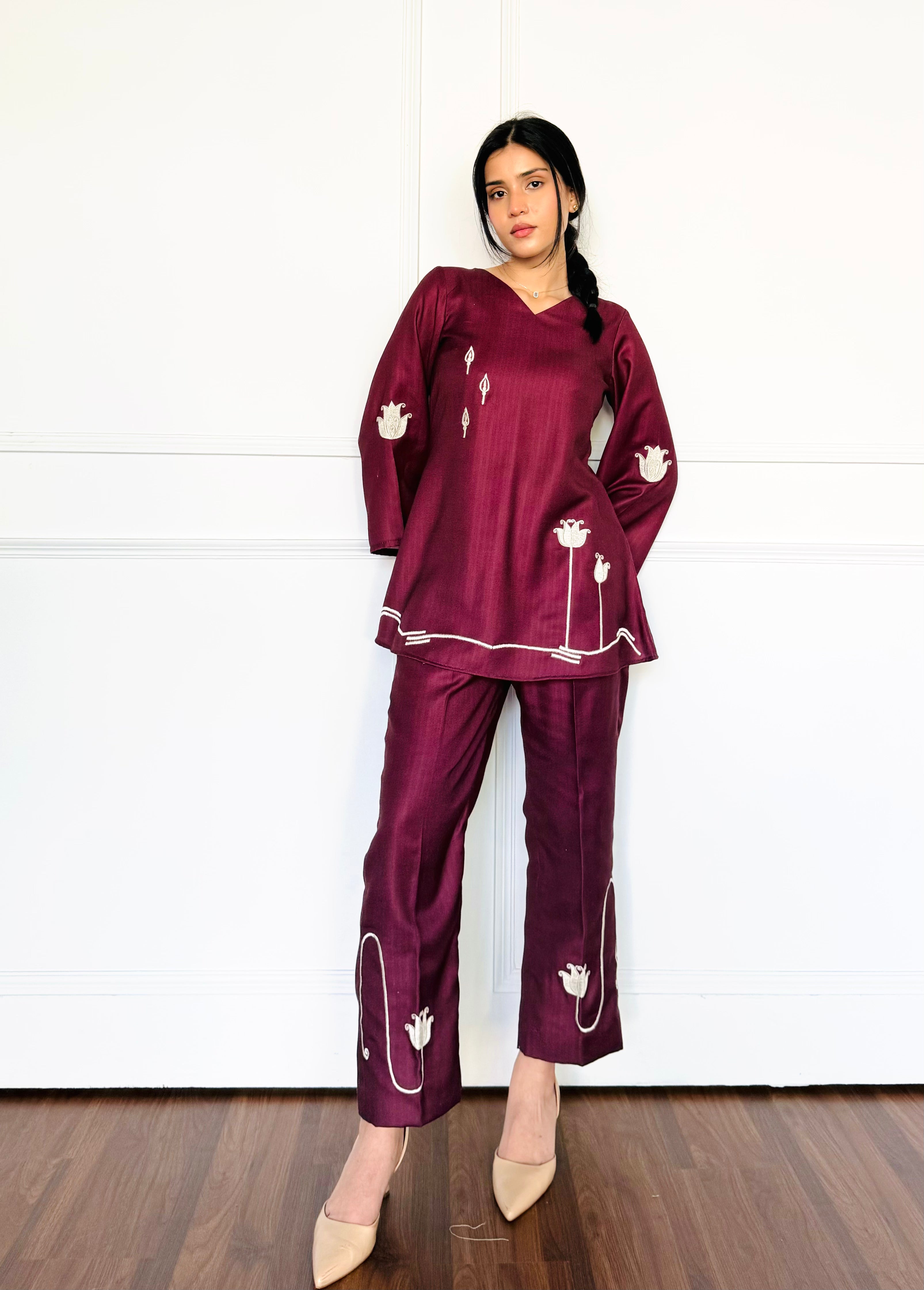 Scarlet Maroon Embroidered Co-ord Set