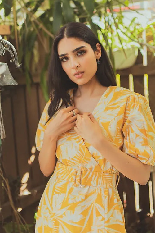 Riri Patterned Yellow Midi Dress