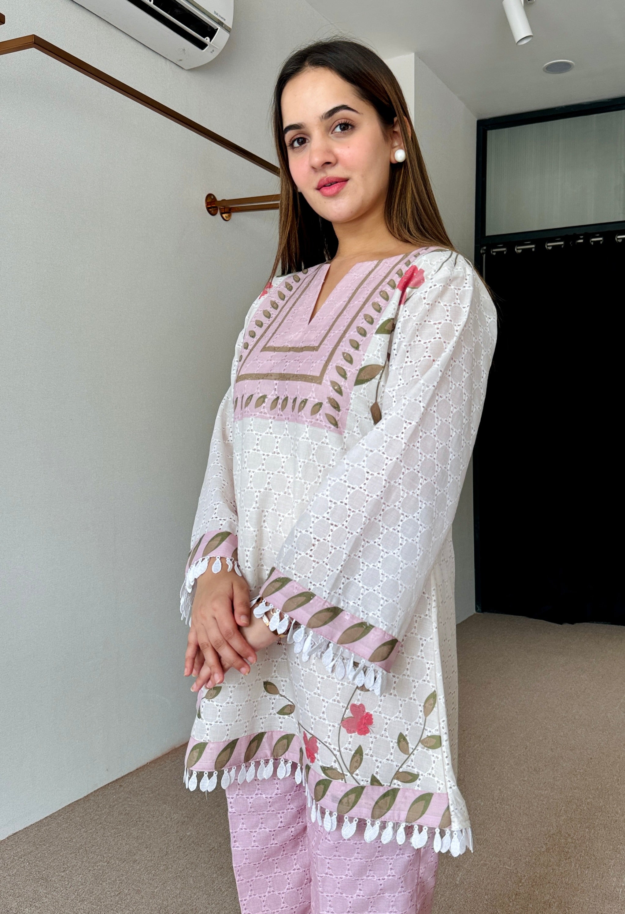 White Pink Floral Festive Kurta Set
