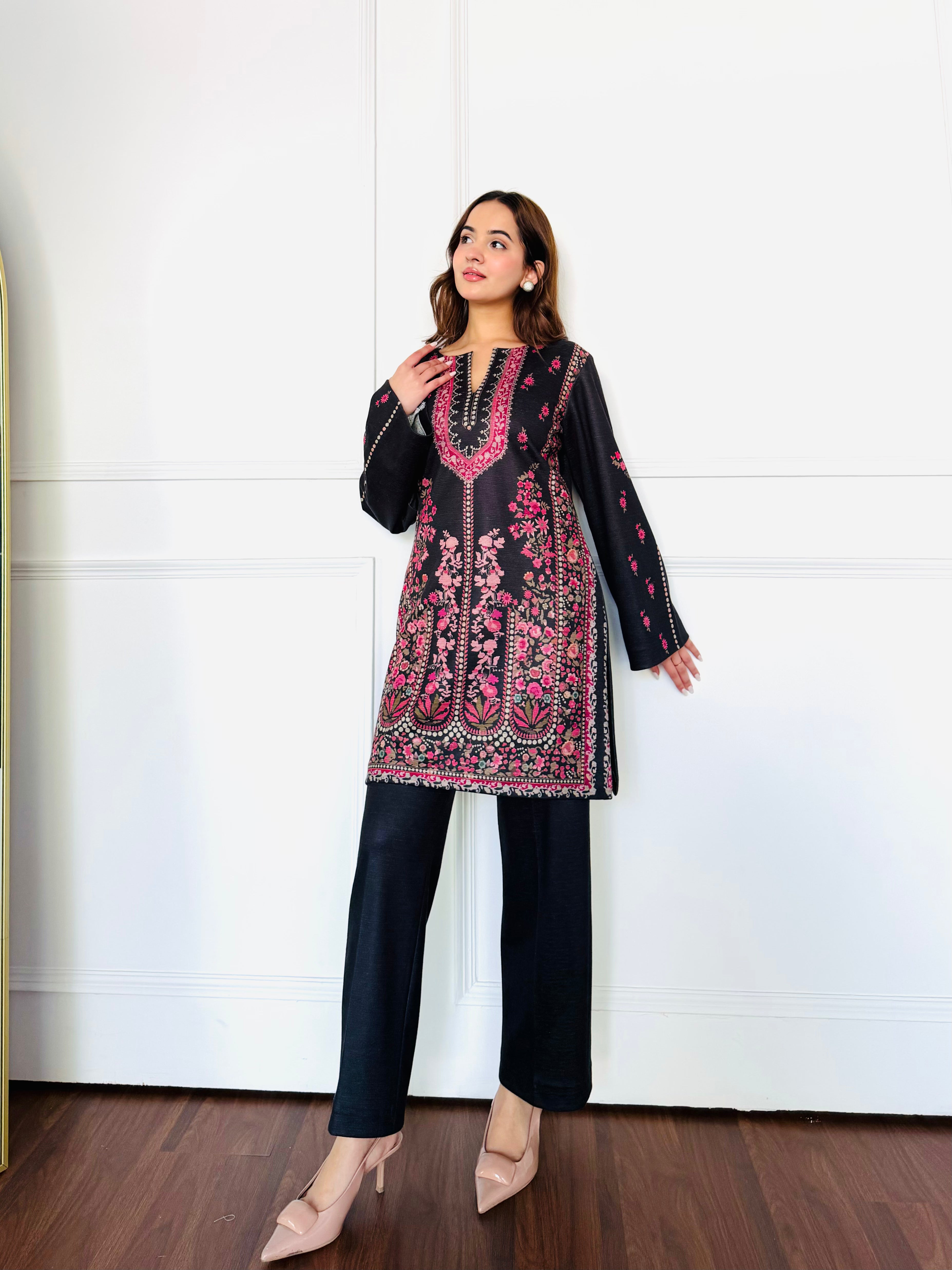 Black & Pink Woollen Kurta Set
