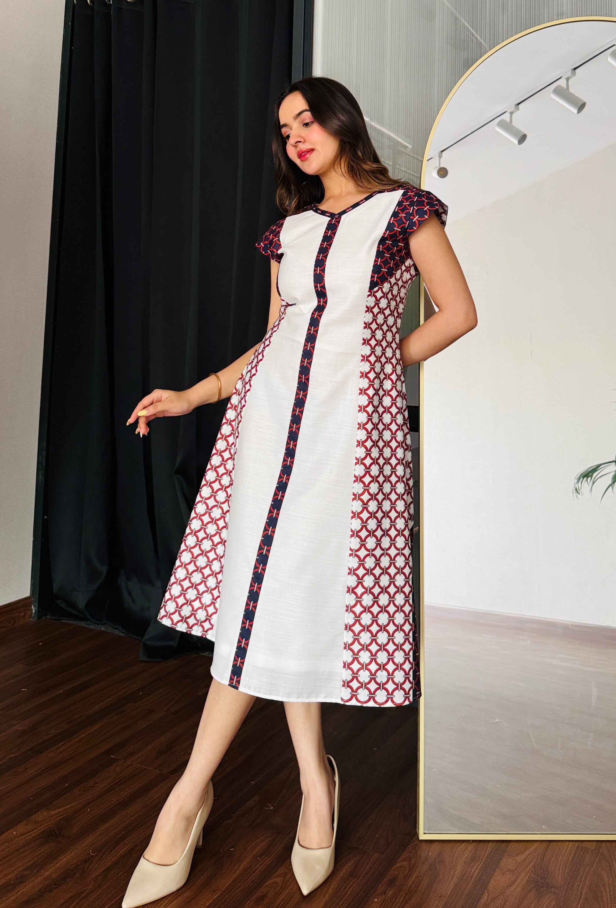 Ivory Grid Midi Dress