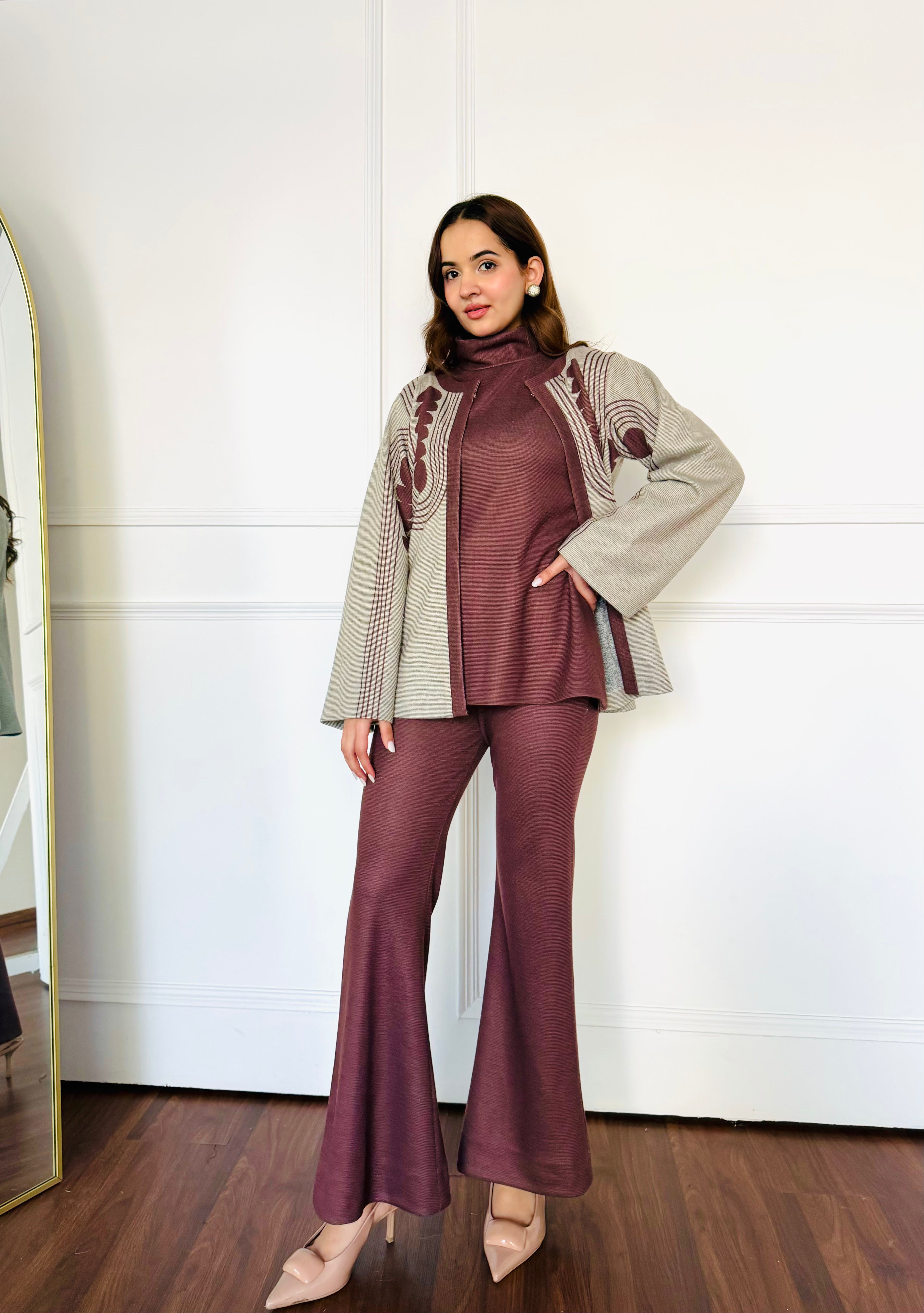 Beige Brown Woollen 3 Piece Set