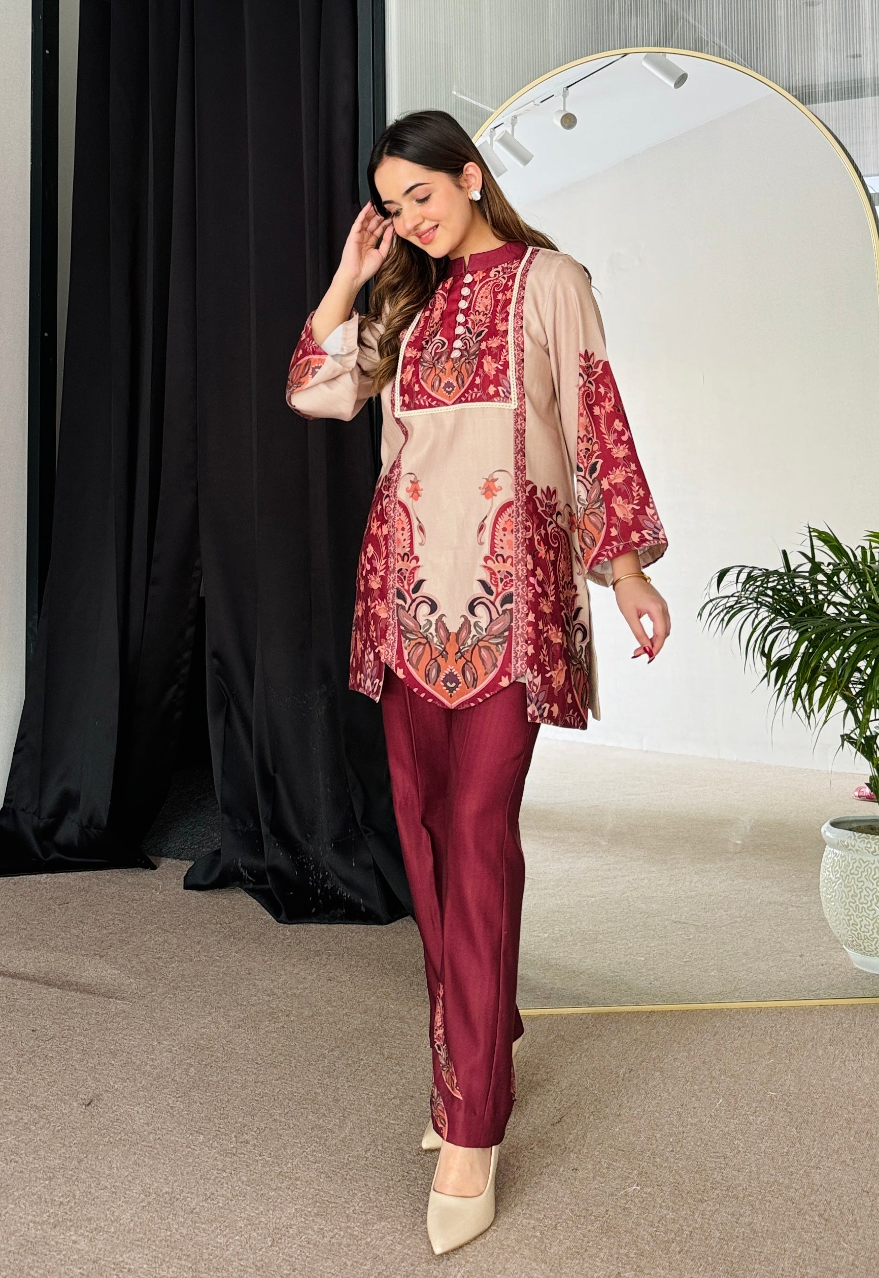 Feriha Beige Bold Winter Pashmina Kurta Set