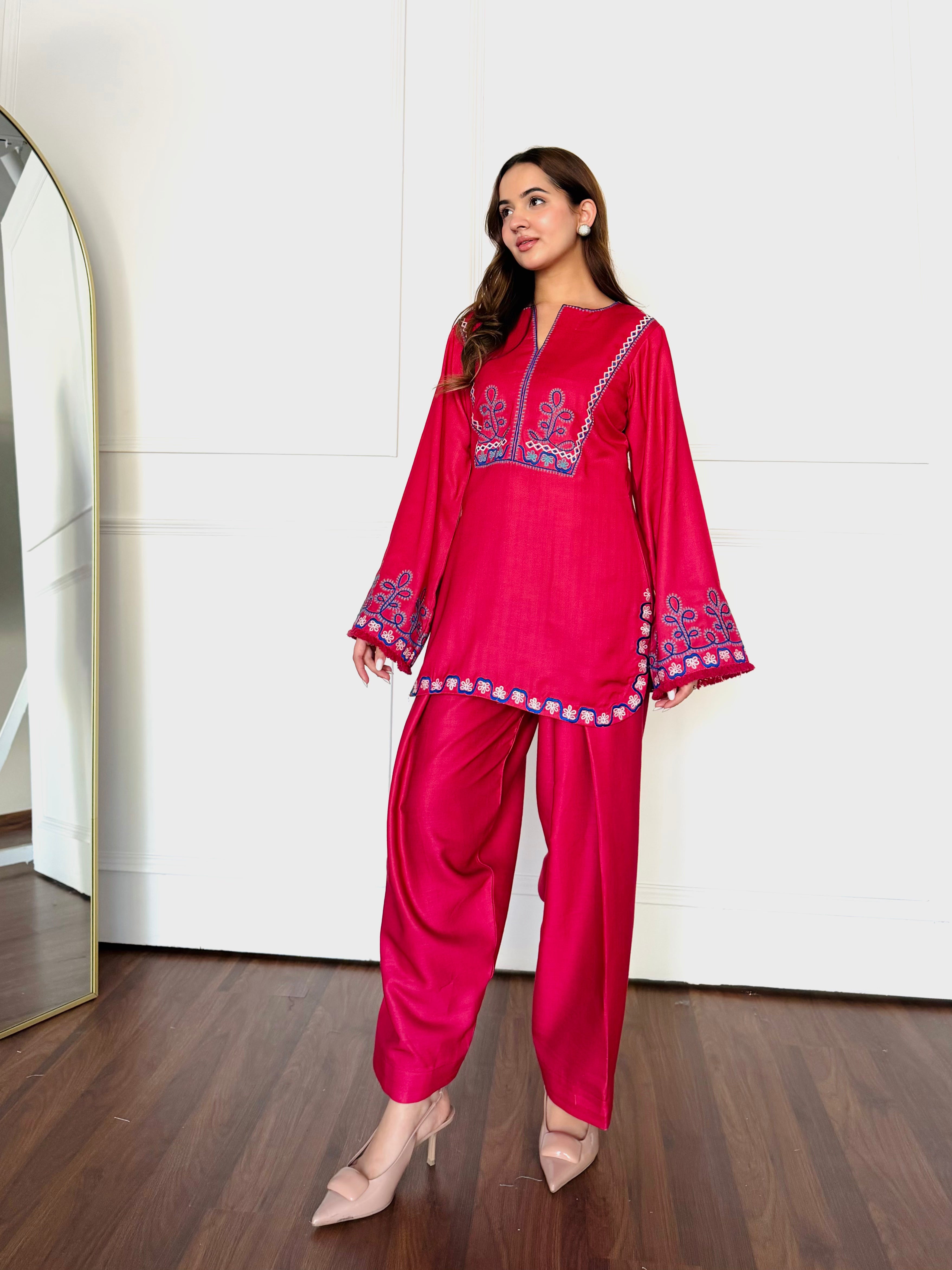 Red Embroidered Farshi Salwaar Set