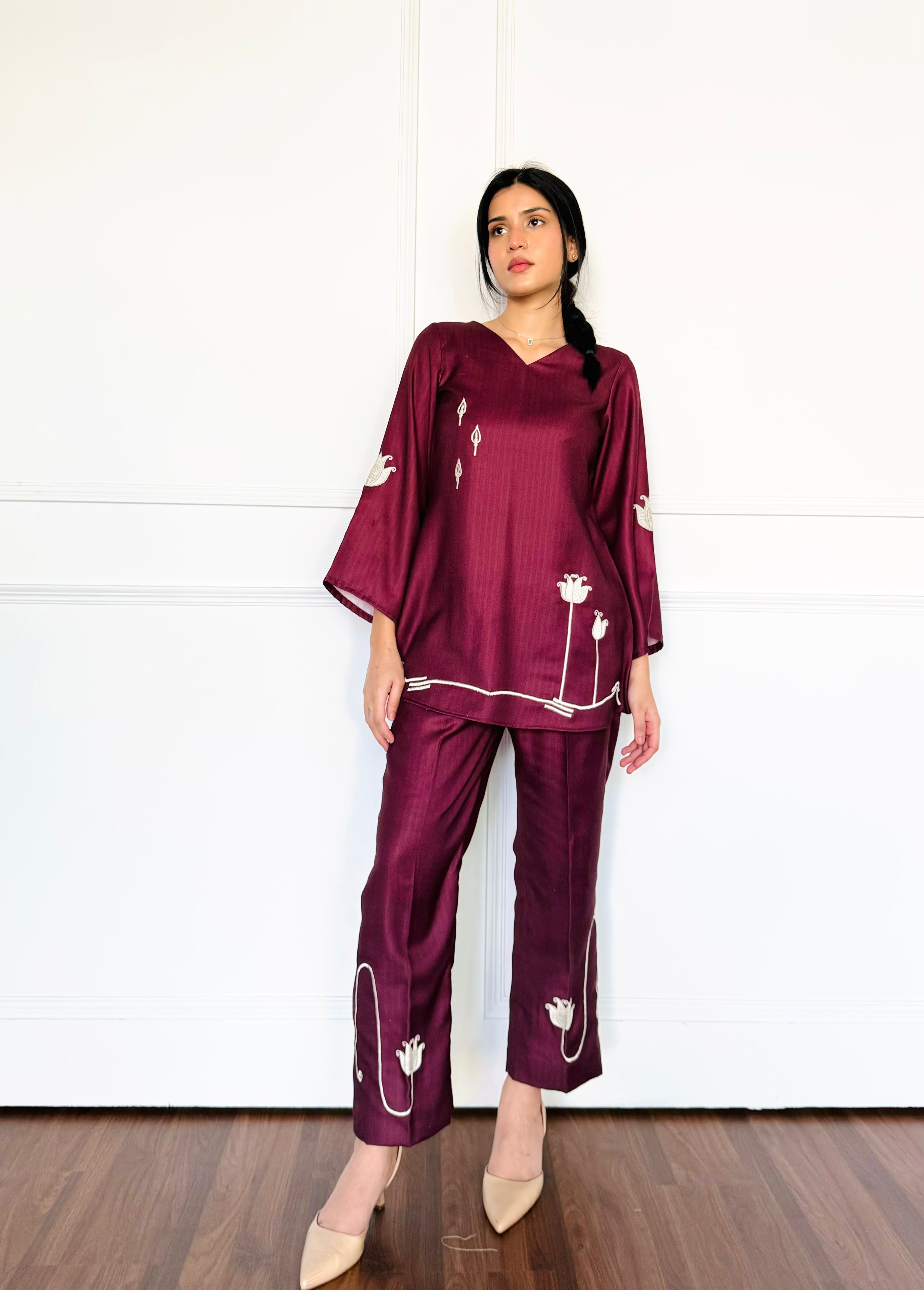 Scarlet Maroon Embroidered Co-ord Set