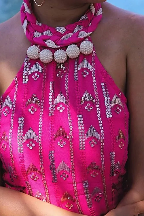 Ell Fuchsia Embroidered Jumpsuit