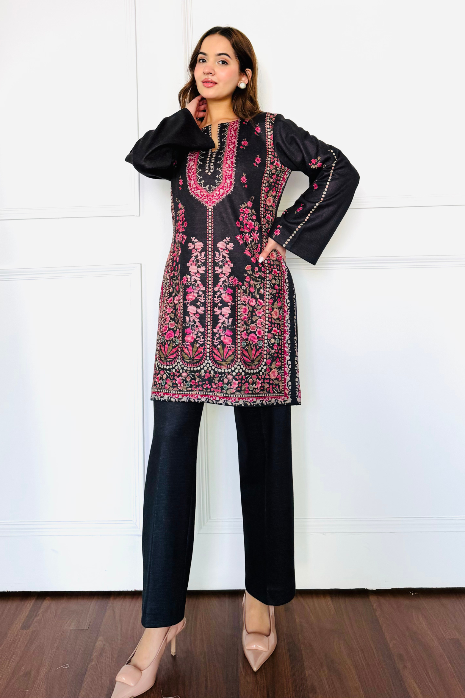 Black & Pink Woollen Kurta Set