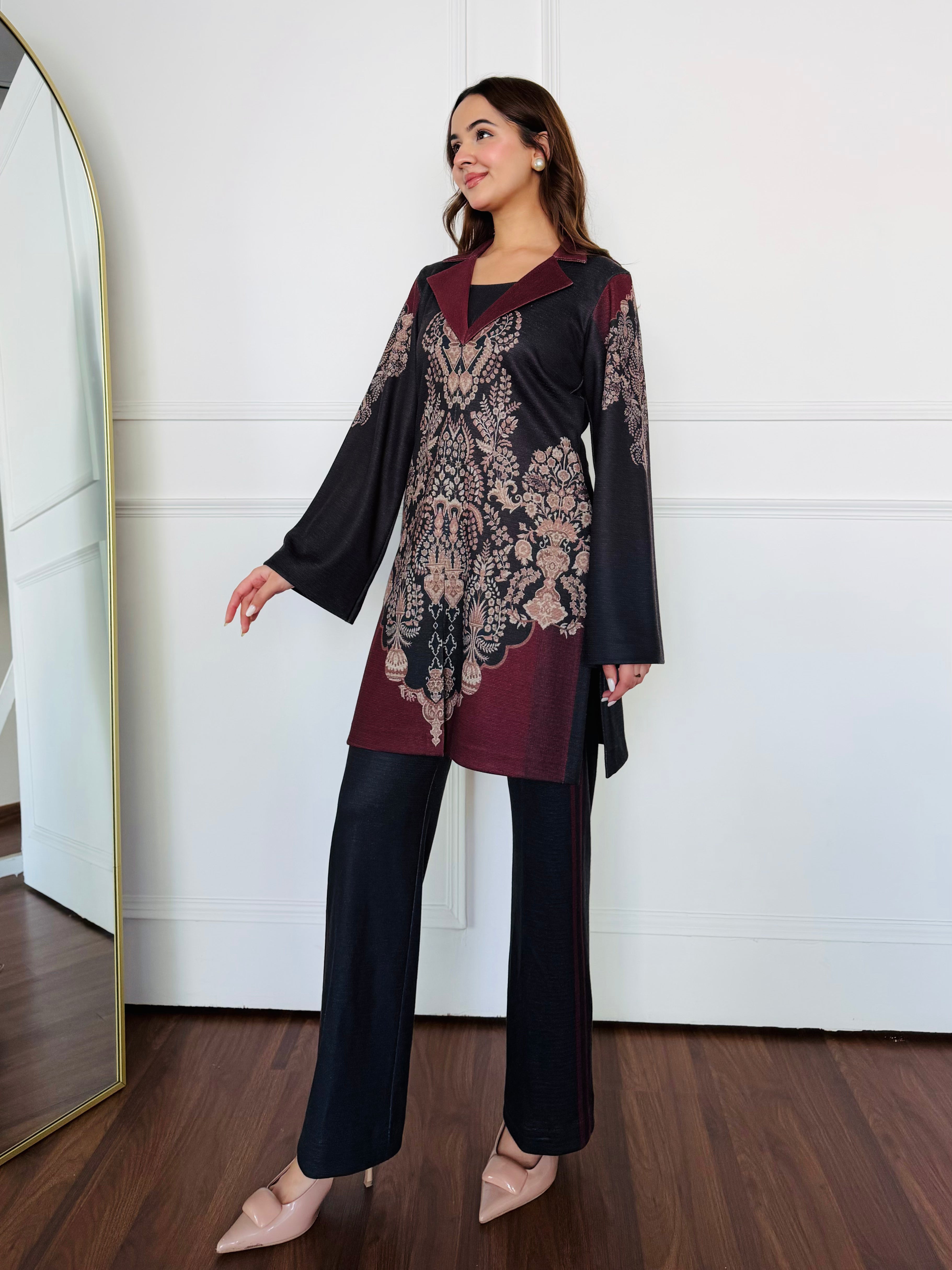 Black & Red Woollen Kurta Set