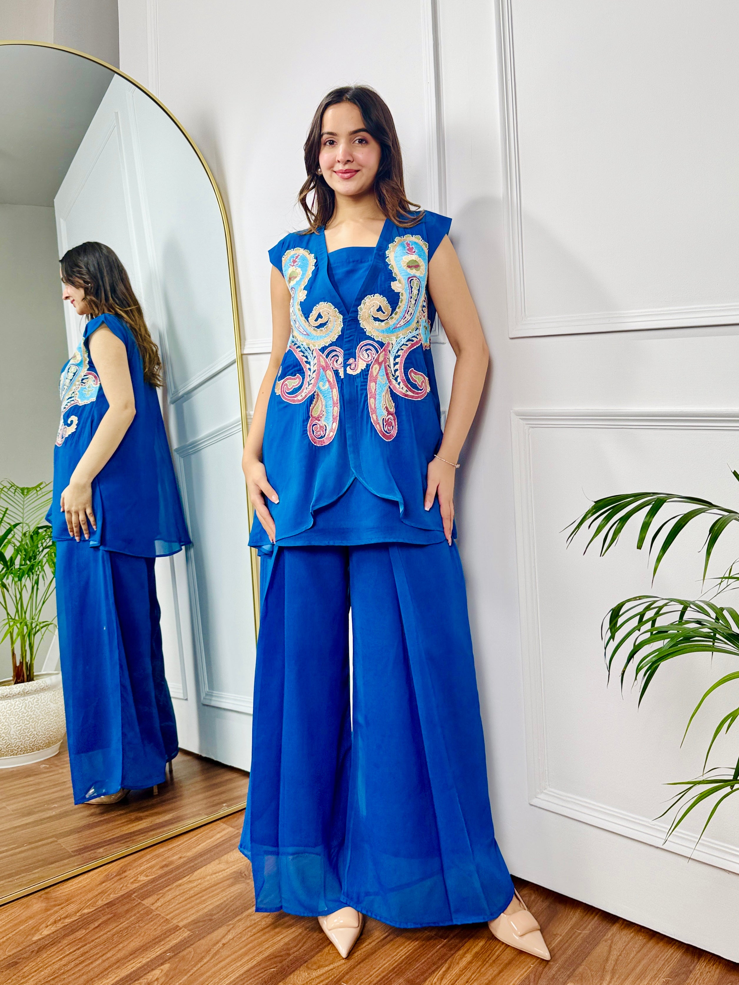 Blue Embroidered Festive 3 Piece Set